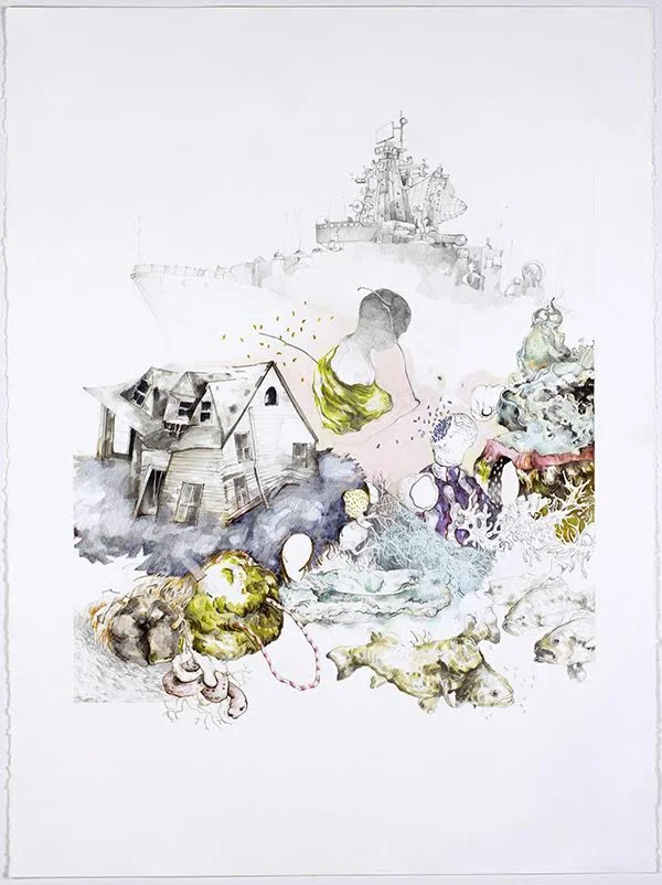 Floating Devices or Sinking Ones; Graphite, Pen, Acrylic Paint, 22”x30”, 2015