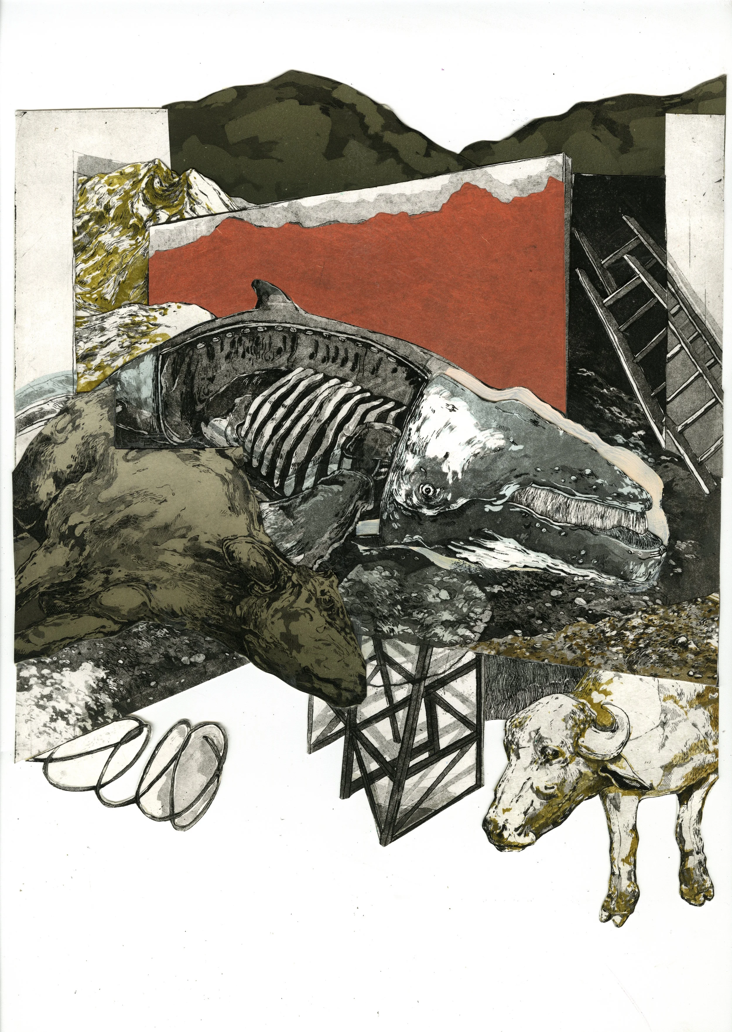 Stock Perspective; Intaglio, Chine Collé, Acrylic Paint, 12”x15”, 2017