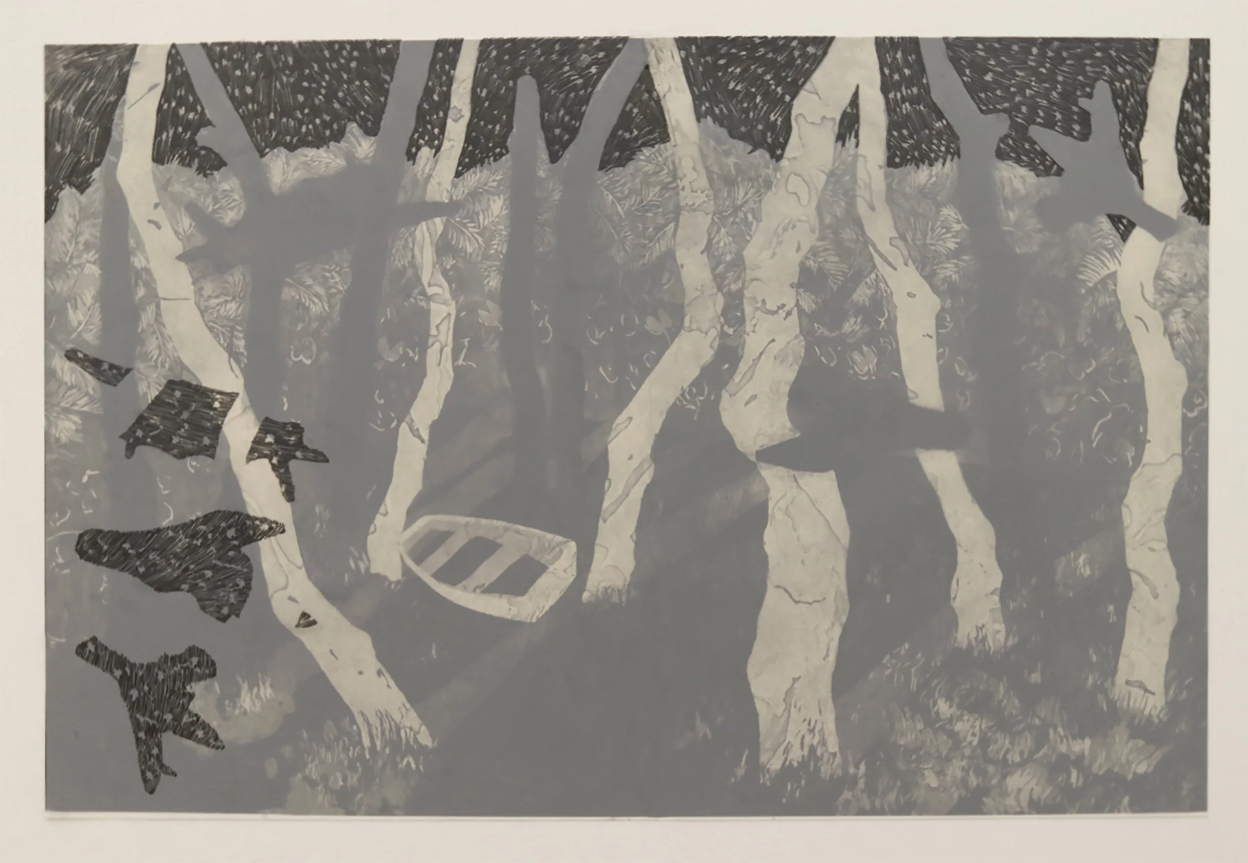The Black Crow Was An Augury; Intaglio, Mylar, Graphite, 24”x36”, 2017