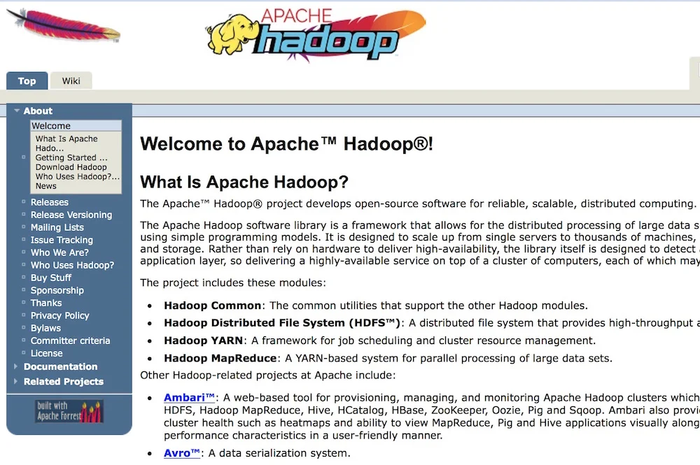 Screenshot of the Apache Hadoop website