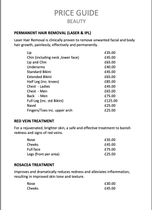  Price List for Hairdressing services at Aspen Hair, Beauty and Lad 