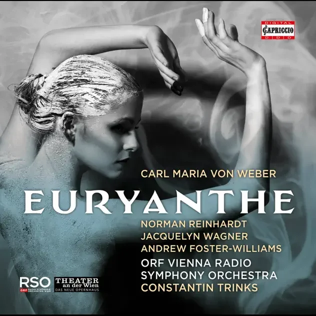 Black and white promotional poster for the opera Eurydice, featuring a woman with platinum blonde hair styled in an updo, with her arms posed gracefully above her head. The background is cloudy and textured, and the poster includes names of performers and the orchestra.