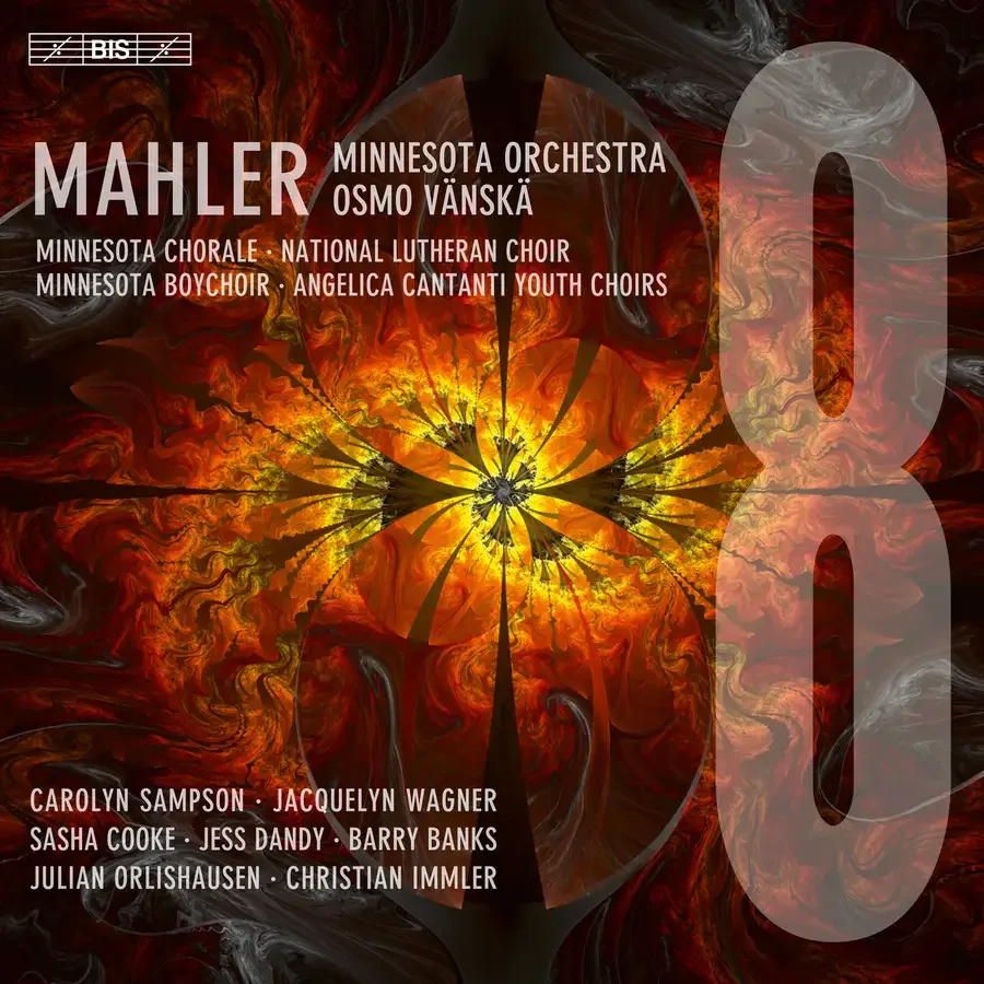 Concert poster featuring works of Mahler performed by the Minnesota Orchestra and other youth choirs, with a fiery, abstract background and large number 0