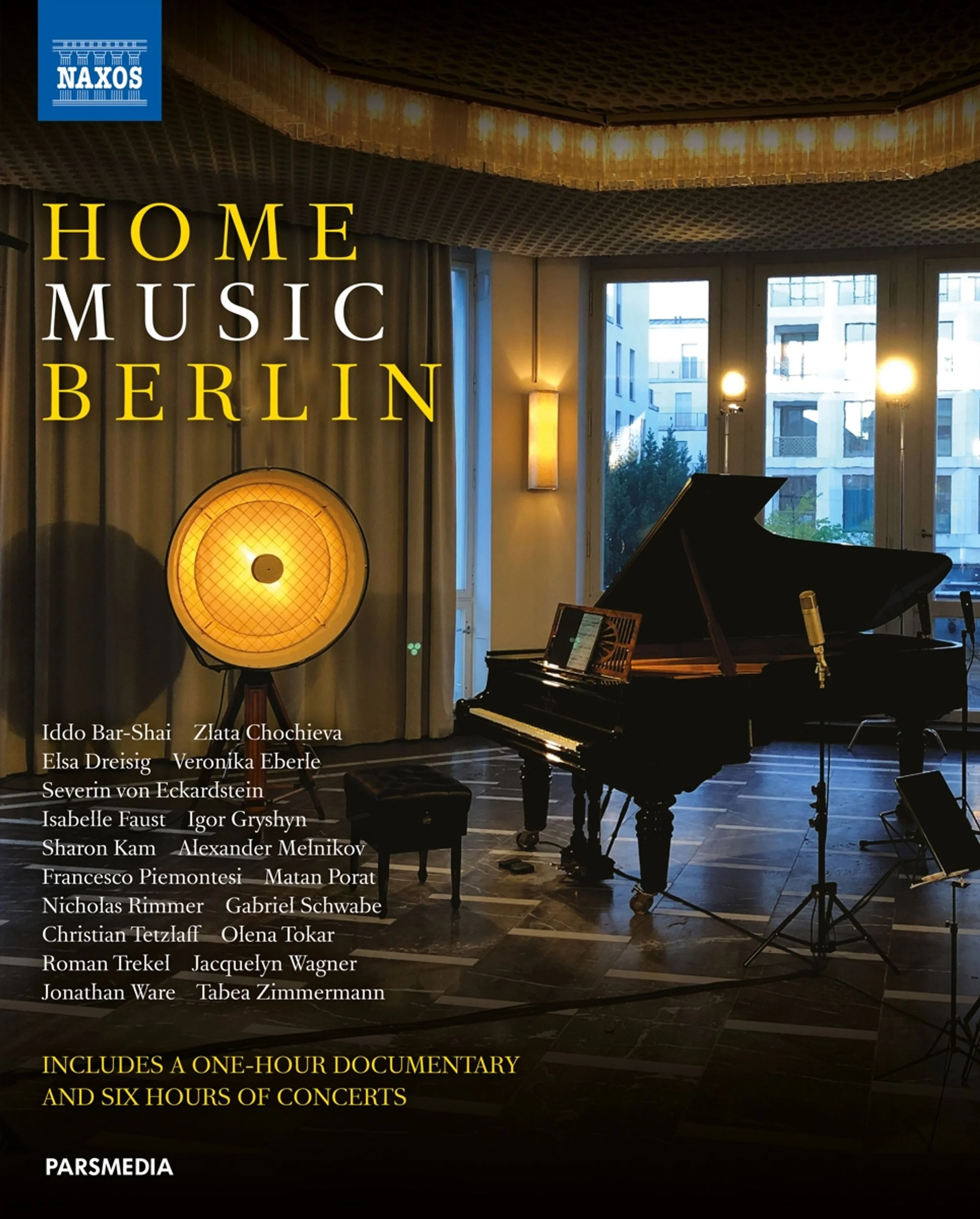 Image of a room with large windows, a grand piano, and a large circular light fixture. Text on the image includes the title "Home Music Berlin" and a list of performers' names, with a logo "Naxos" at the top left and the word "Parsmadia" at the bottom left. The room appears to be a concert or recording space with warm lighting.