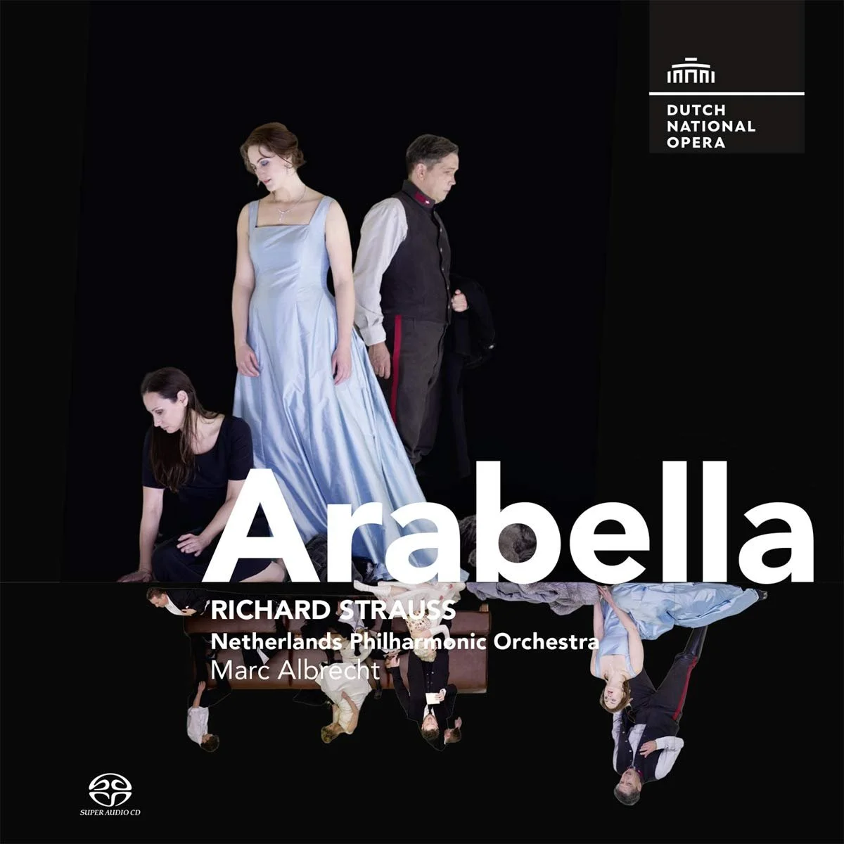 Cover of a music album featuring performers from the Dutch National Opera and the Netherlands Philharmonic Orchestra, with the title 'Arabella' and details about the composer Richard Strauss and conductor Marc Albrecht.