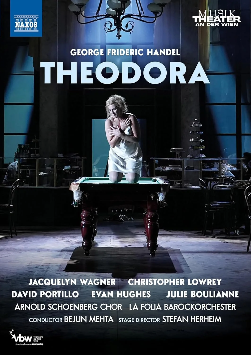 Poster for the opera 'Theodora' by George Frideric Handel, performed at Musik Theater in Vienna. Features a woman in a white dress kneeling on a pool table, with a chandelier and dark windows in the background. Logos for Naxos and VBW are visible.
