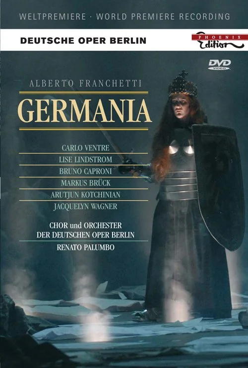 DVD cover for the opera 'Carmen' by Alberto Franchetti, performed by the Deutsche Oper Berlin, featuring a woman in a dark costume with a crown holding a stick and shield, with a smoky stage background.