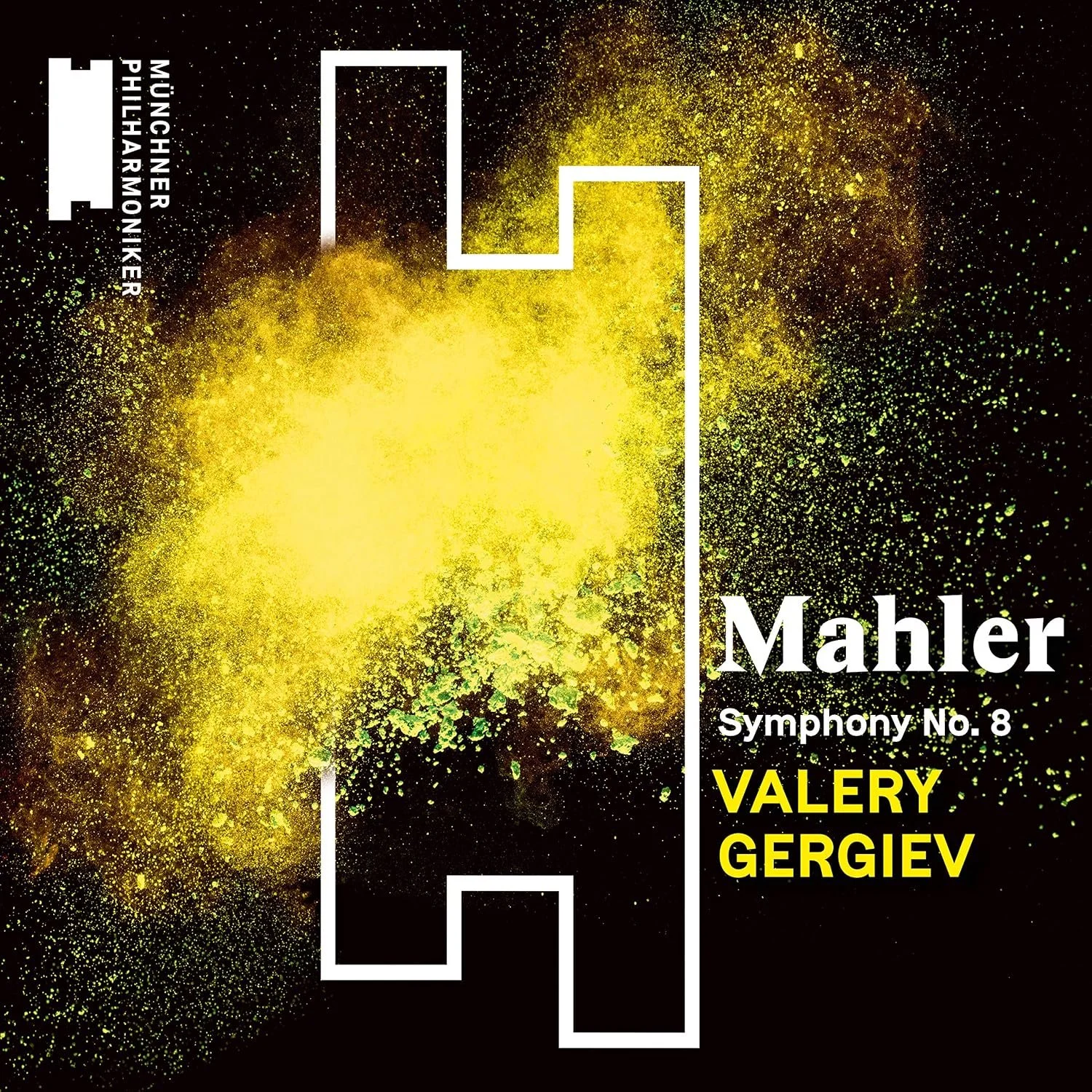 Book cover for Mahler Symphony No. 8 by Valery Gergiev, featuring a black background with yellow and green splashes and white geometric lines.