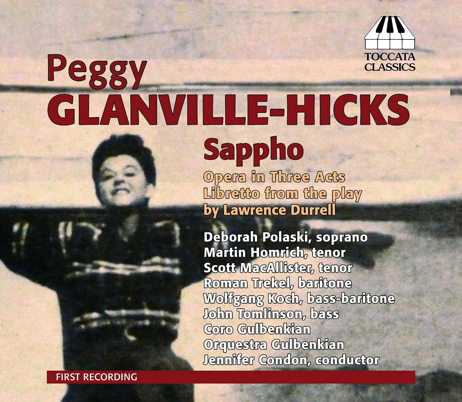 Vintage opera poster for Peggy Glanville-Hicks' 'Sappho', performed by Deborah Polaski, with cast and conductor listed, featuring a black and white photo of a woman in a leather jacket with arms crossed.