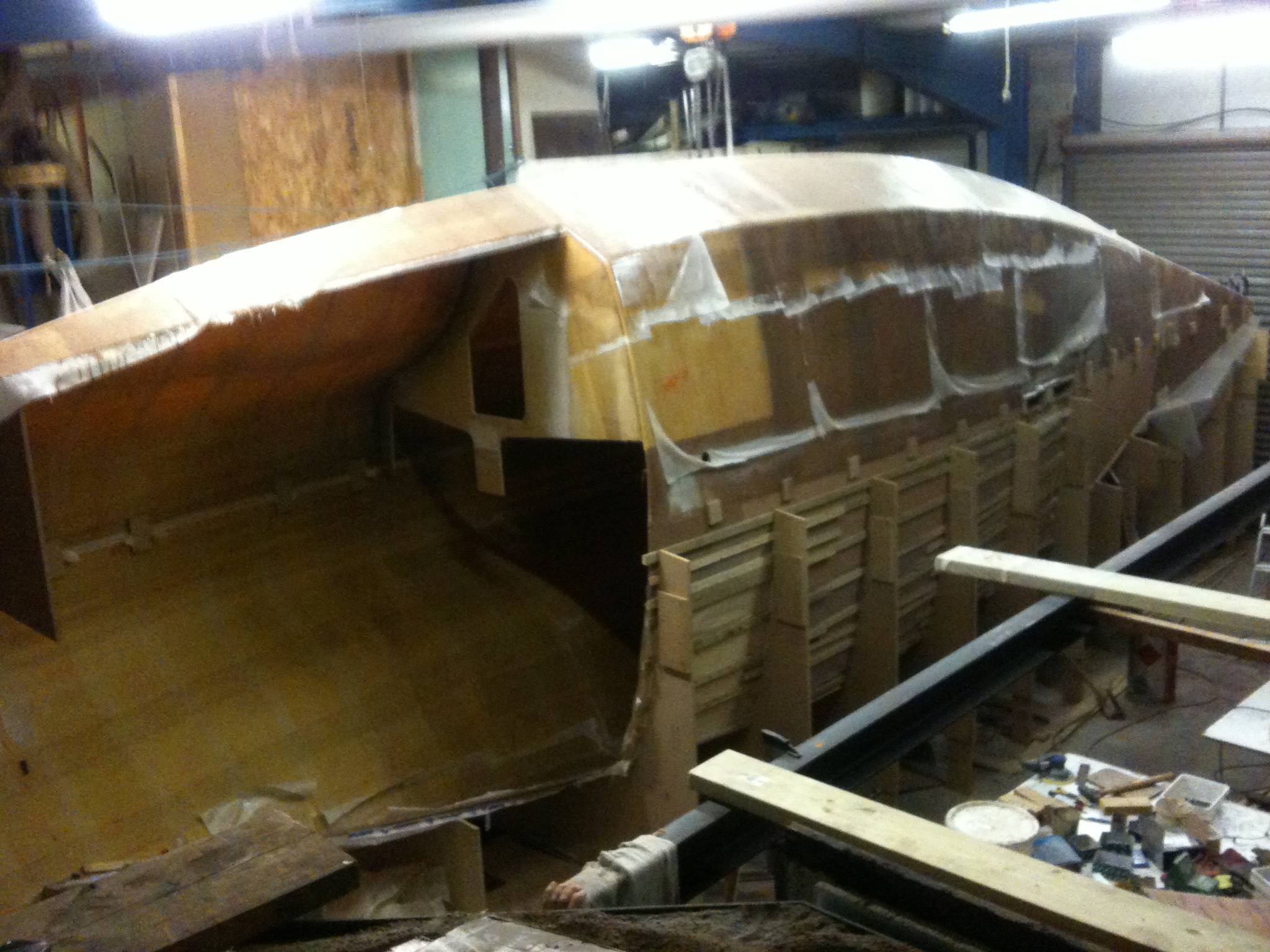 The main hull on it's side after putting the two sides together
