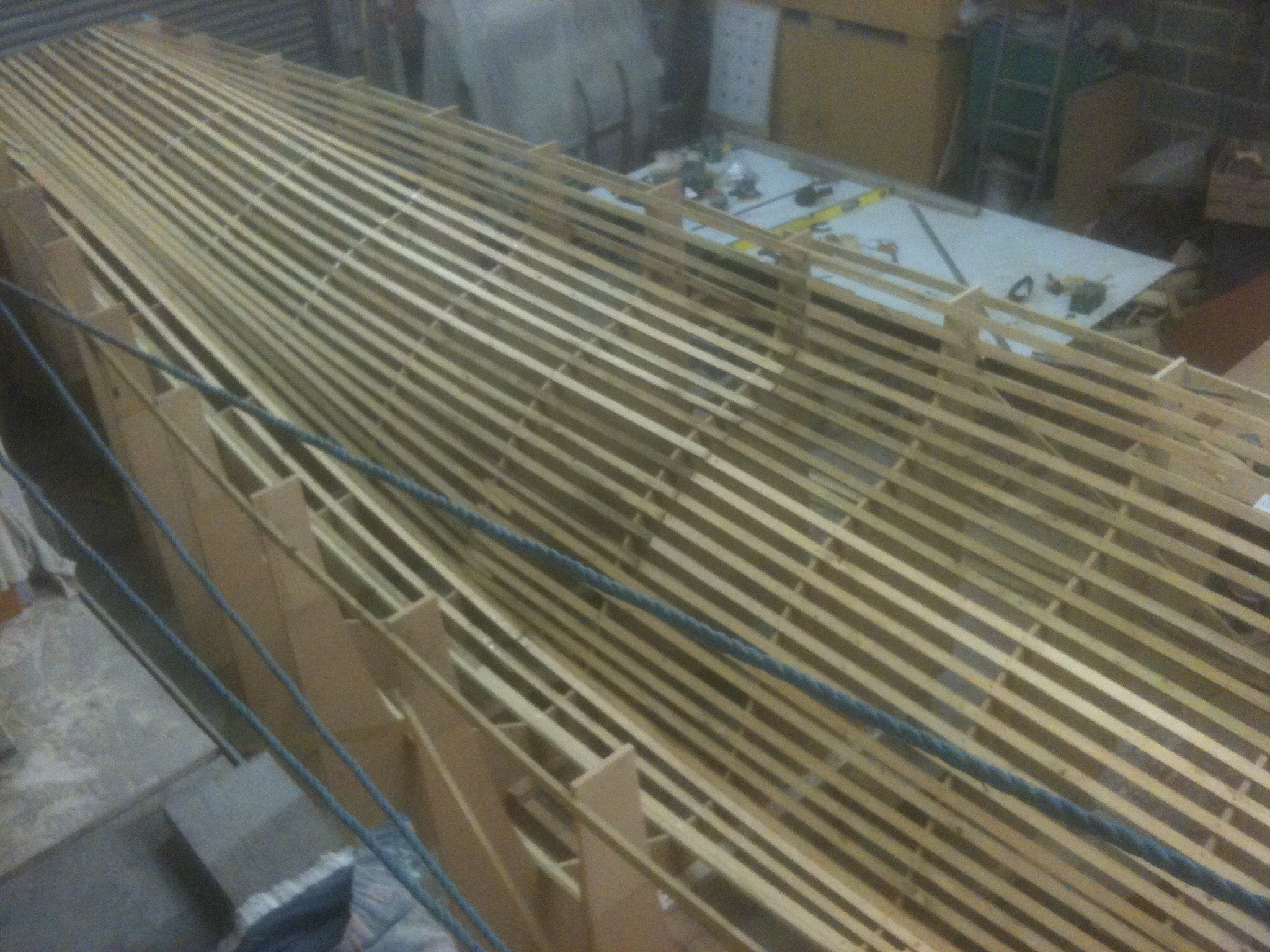 The female mould for the main hull, made from roofing laths screwed to cross section formers