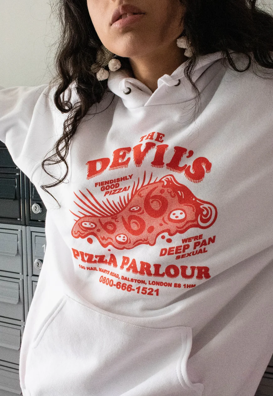 Devils Pizza Hoodie White Womens Detail.jpg