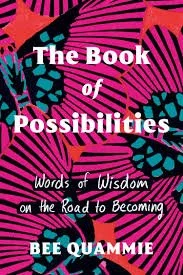 Book cover with pink, turquoise, and coral graphics. The title of the book is The Book of Possibilities: Words of Wisdom on the Road to Becoming by Bee Quammie