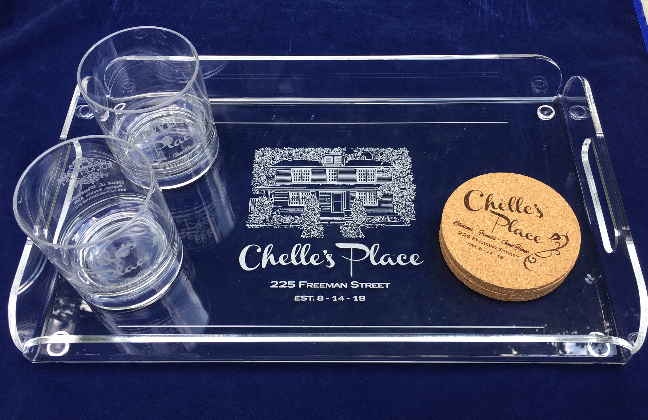 Laser engraved acrylic serving tray with house