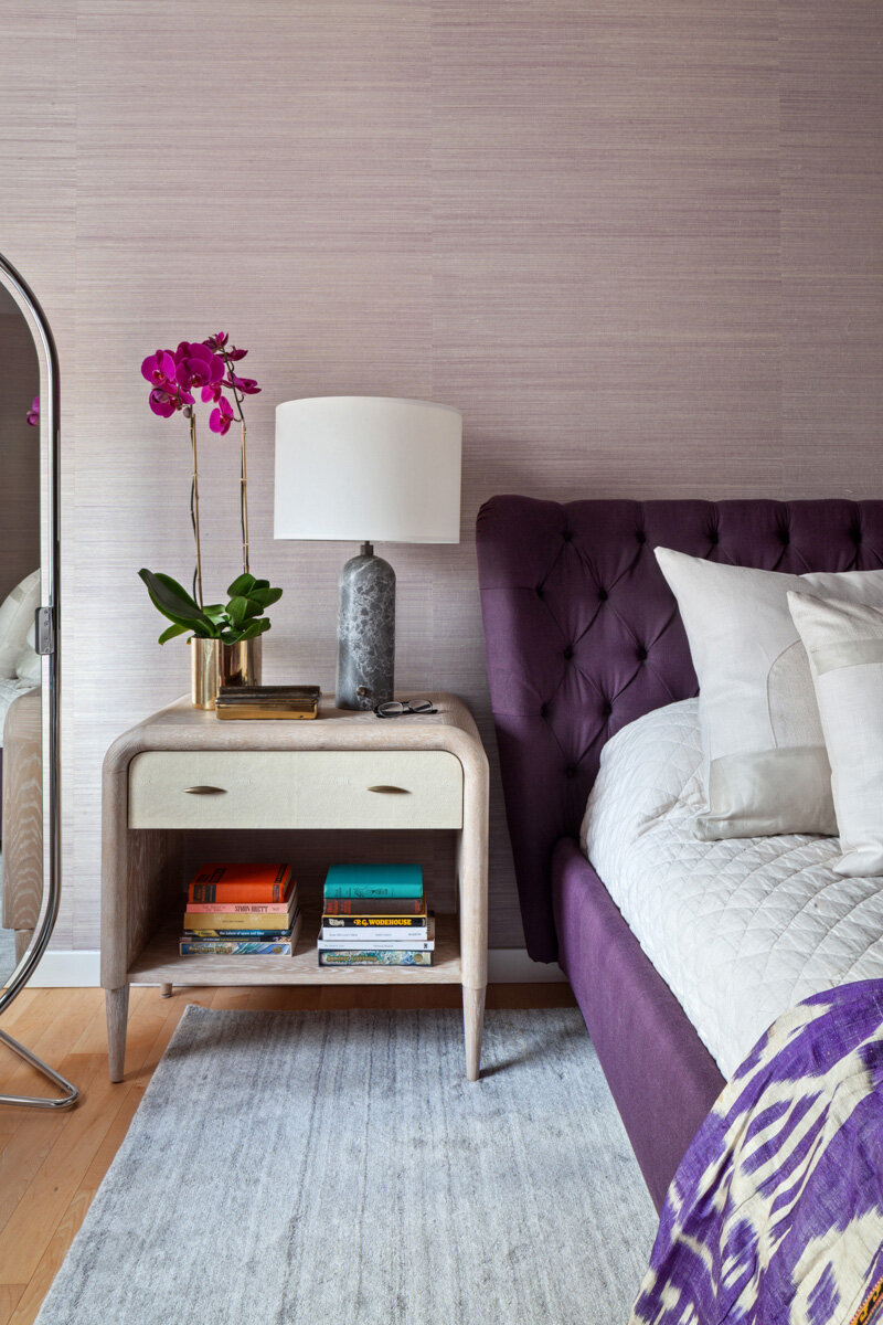  Florentine Amethyst wallcovering Innovations  Heath rug from Serena &amp; Lily  Selene Chic bed Property Furniture  Pierre Double Nightstand MadeGoods  Gravity lamp Suite NY  Womb chair Design Within Reach  System 123 Mirror Property Furniture 