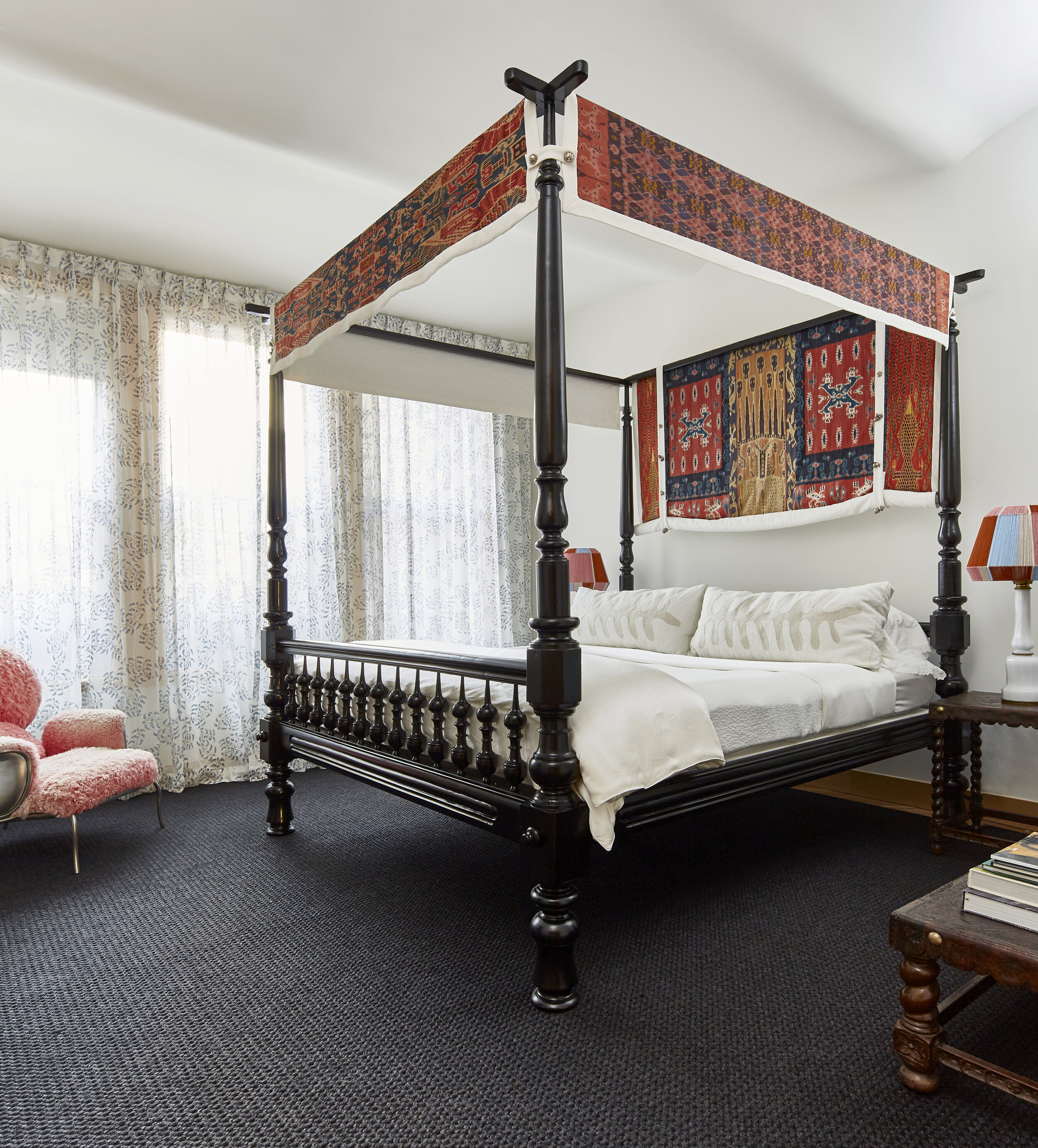 Cortina Black Diamond rug Merida Calcutta Bed Anglo Raj Antiques Ikat Panels Aamir LF Upholstery Leather Nightstands &amp; Bench from clients existing collection Custom Matisse Applique Pillow Combray