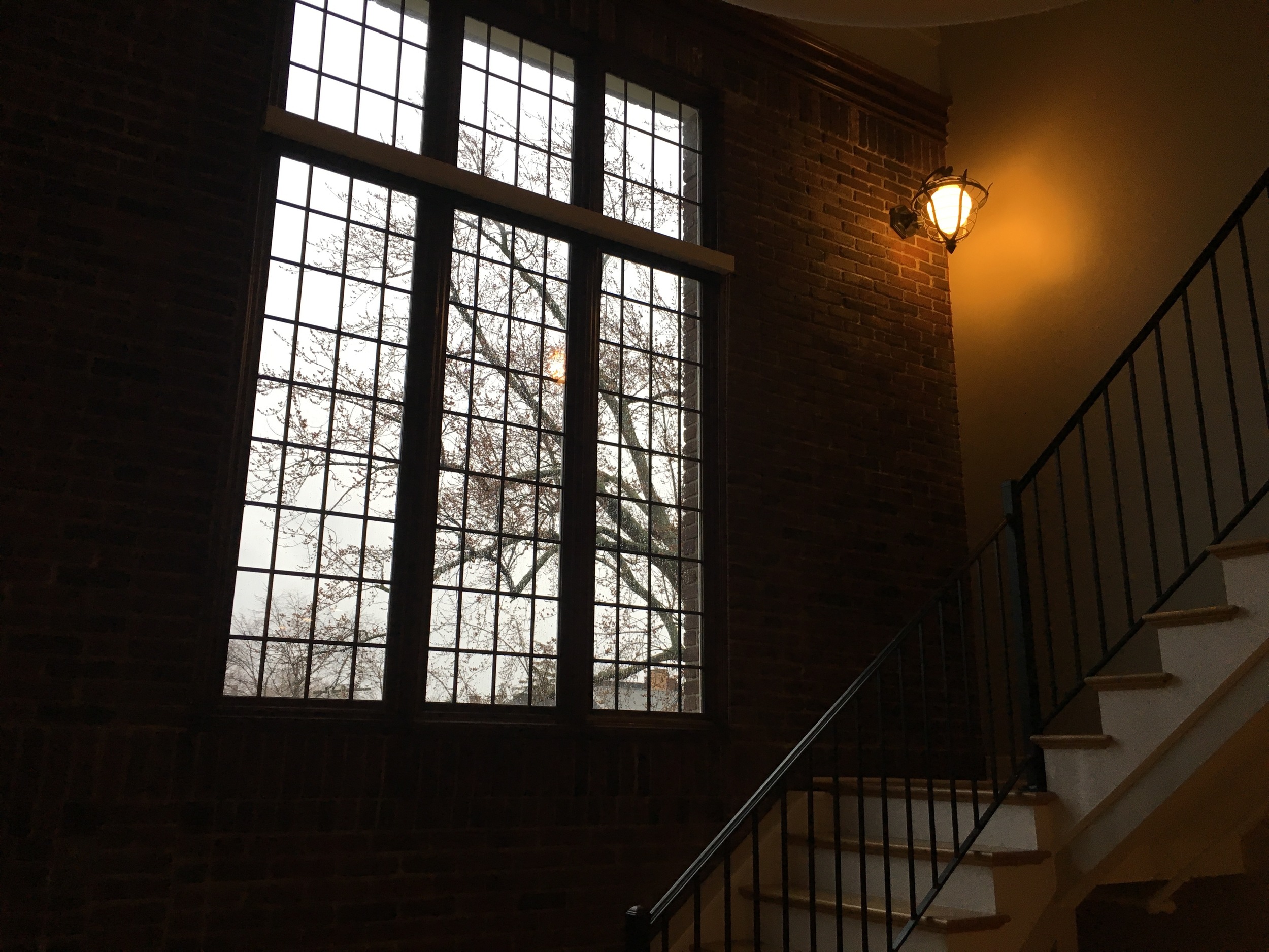 Up the stairs.