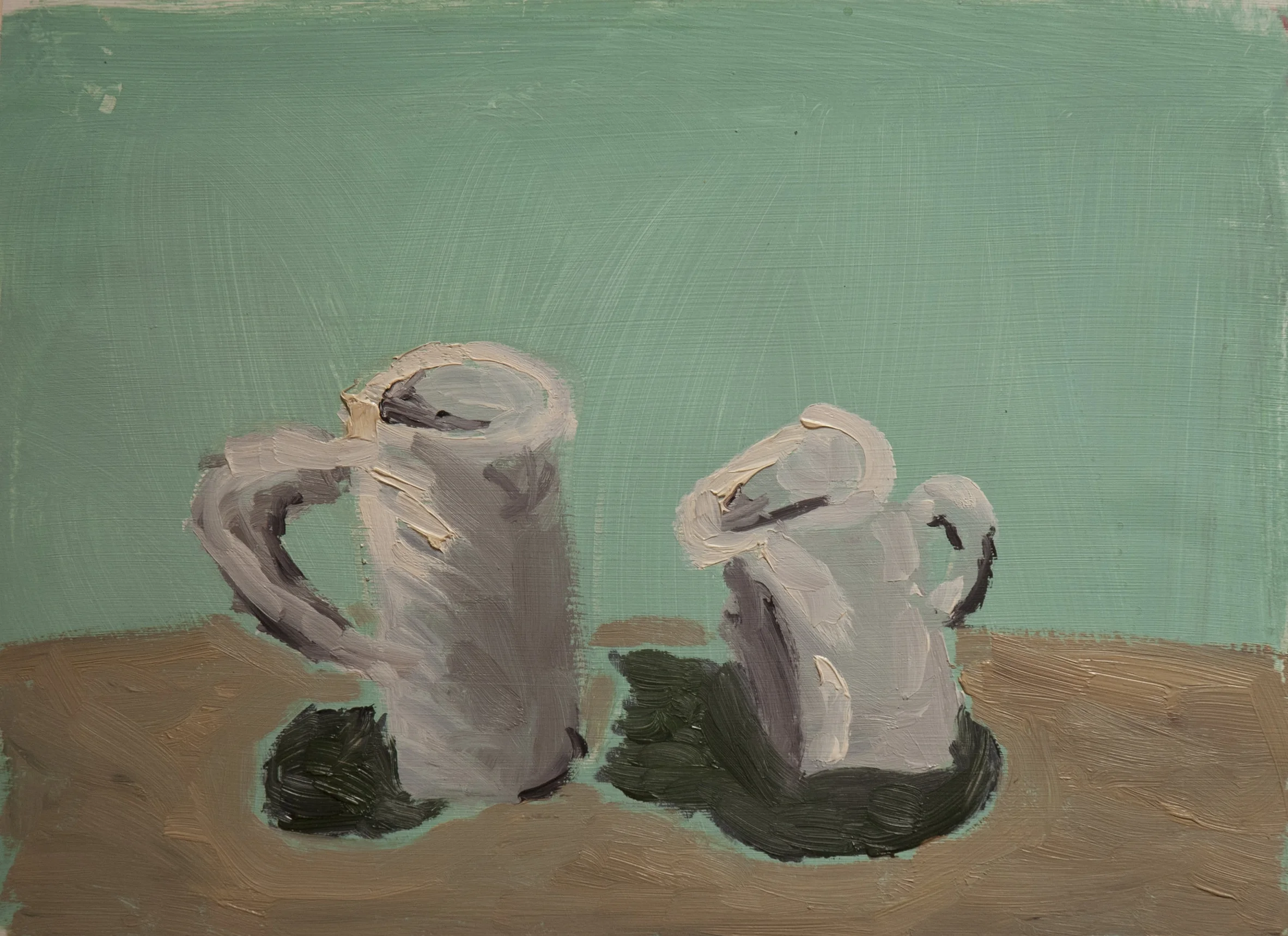 "Mugs" (after Morandi), oil on paper
