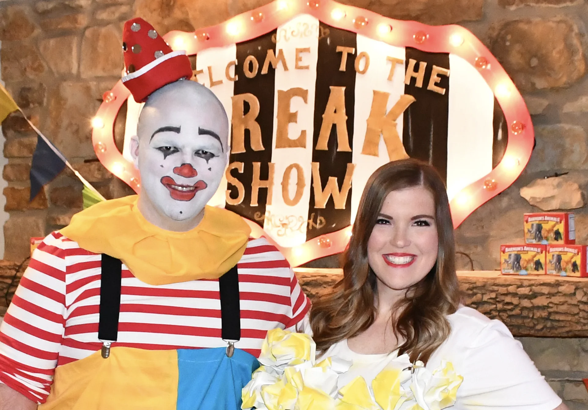 Myself and my wife at our 2018 Halloween Party. I was a “Pierrot White Face Clown” and she was a box of popcorn!