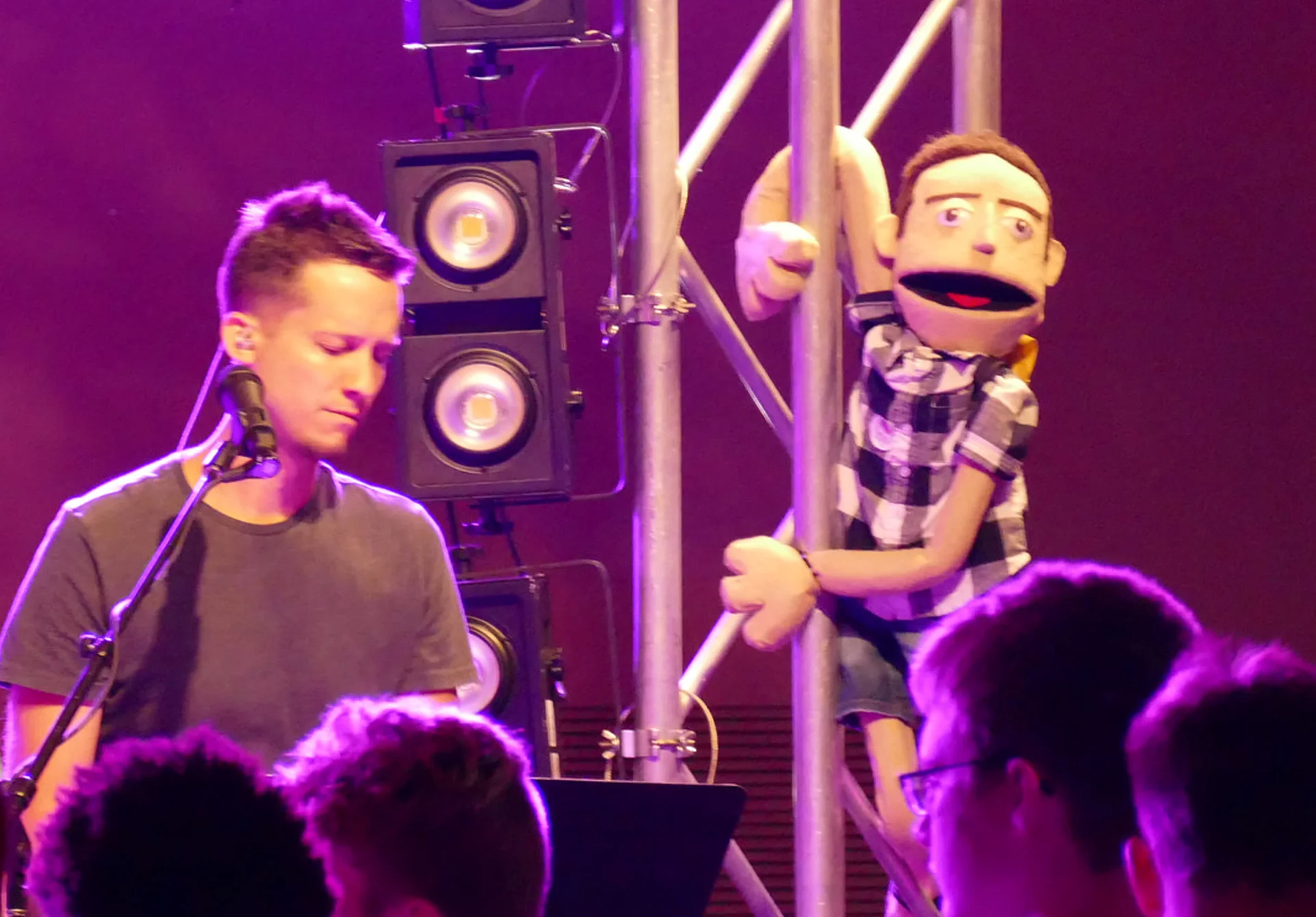 “Puppet Ian” (right) on stage with “Human Ian” at Ignite 2018.