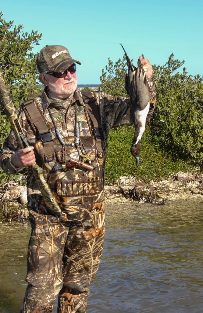 This beautiful pintail was harvested in Texas using a 12-gauge shotgun with a 1-1/8-ounce load of #4 steel shot and a modified choke. Because these birds were flying at the edge of lethal range and weren’t coming in close, a tighter choke allowed for farther reach and instant lethality.