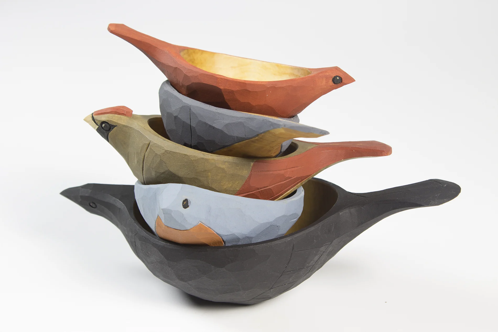Hand-carved bird bowls by Mike Loeffler