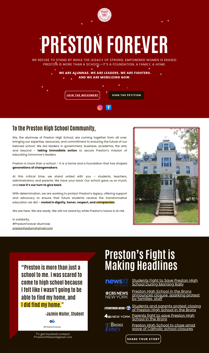 A webpage supporting Preston High School, featuring a call to action for the community. It includes a header with the title 'Preston Forever', a message about fighting for the legacy of the school, and links to join the movement and sign a petition. The page contains a letter to the community emphasizing the school's importance, a quote from a student about feeling safe, and news headlines about protests to save the high school. There is also a photo of the school building and social media icons.