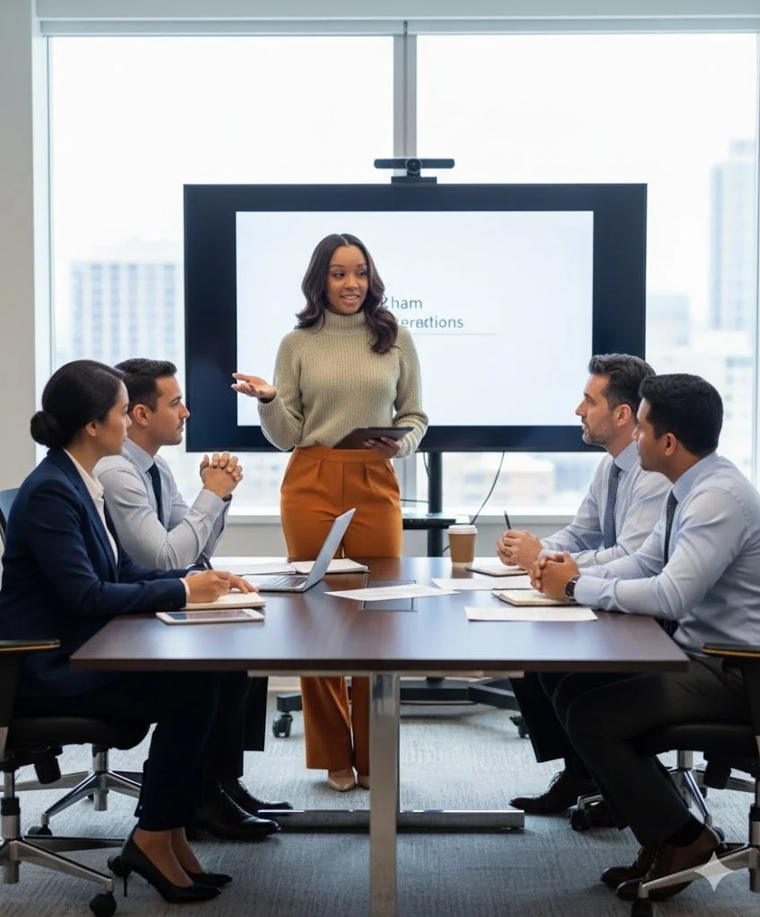 Dominique Brienne in a beige sweater and brown pants giving a presentation to five seated colleagues in a conference room with large windows, a digital screen in the background, and a city view outside.