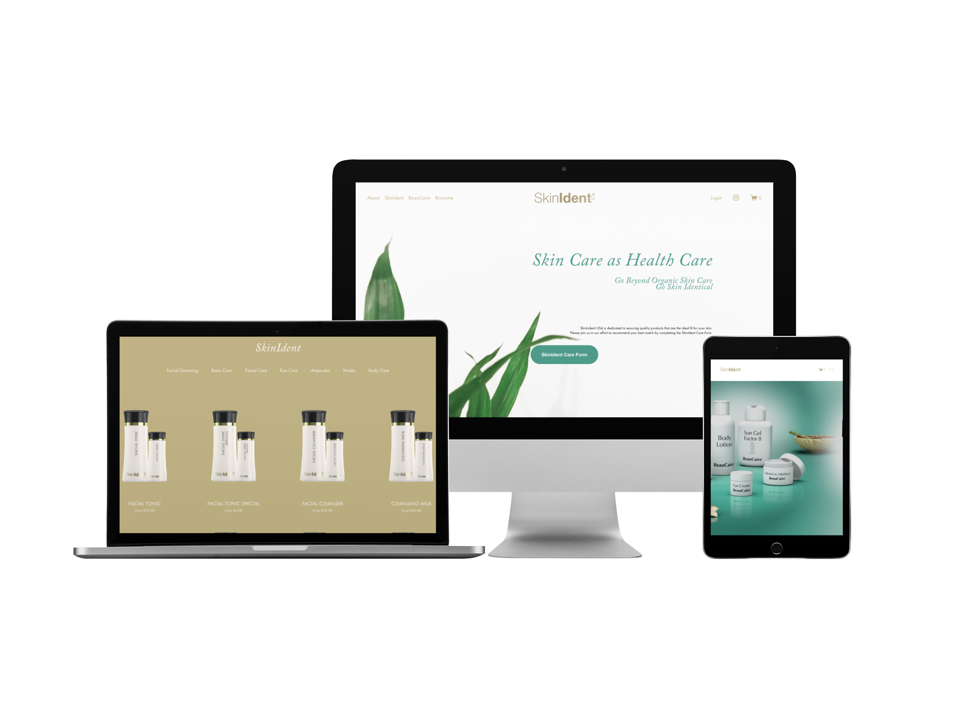 Multiple electronic devices displaying a website for skincare products. The website features a minimalist design with natural elements like leaves, and displays various skincare products including cleansers, tonics, and lotions.