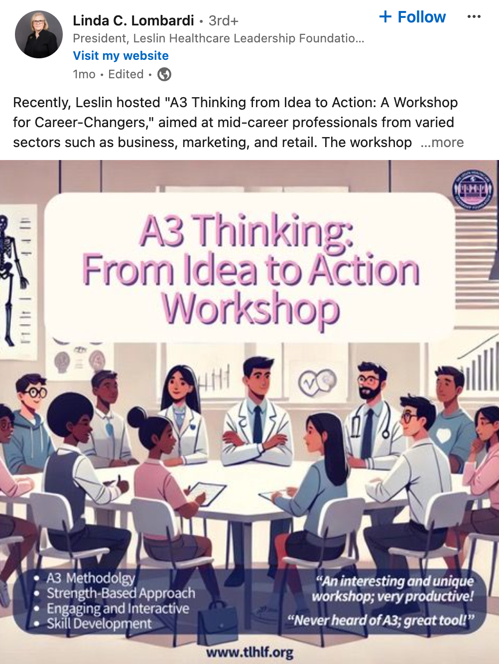 Illustration of a diverse group of professionals, including doctors, gathered around a conference table participating in the 'A3 Thinking: From Idea to Action Workshop.'