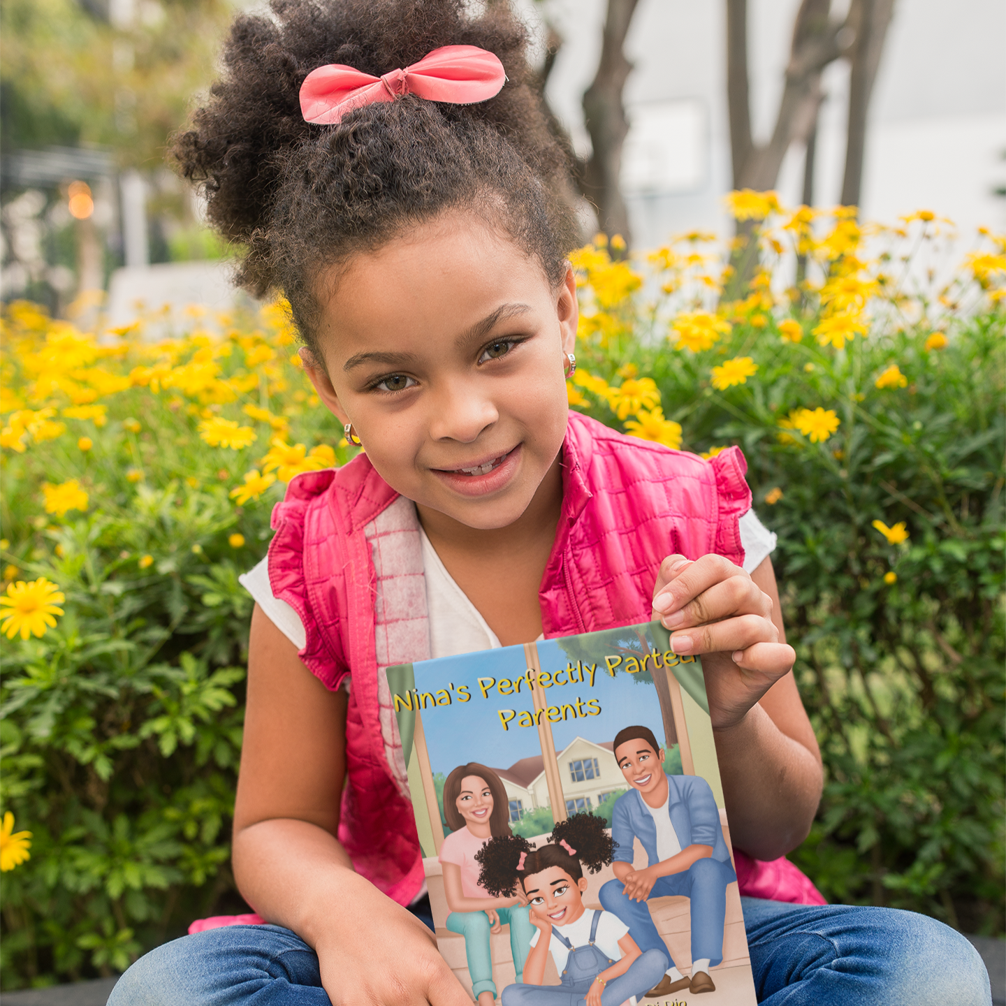 A young girl with curly hair, a pink bow, and a pink vest, smiling and holding a comic book titled 'Nina's Perfectly Partnered Parents' in front of yellow flowers and greenery.