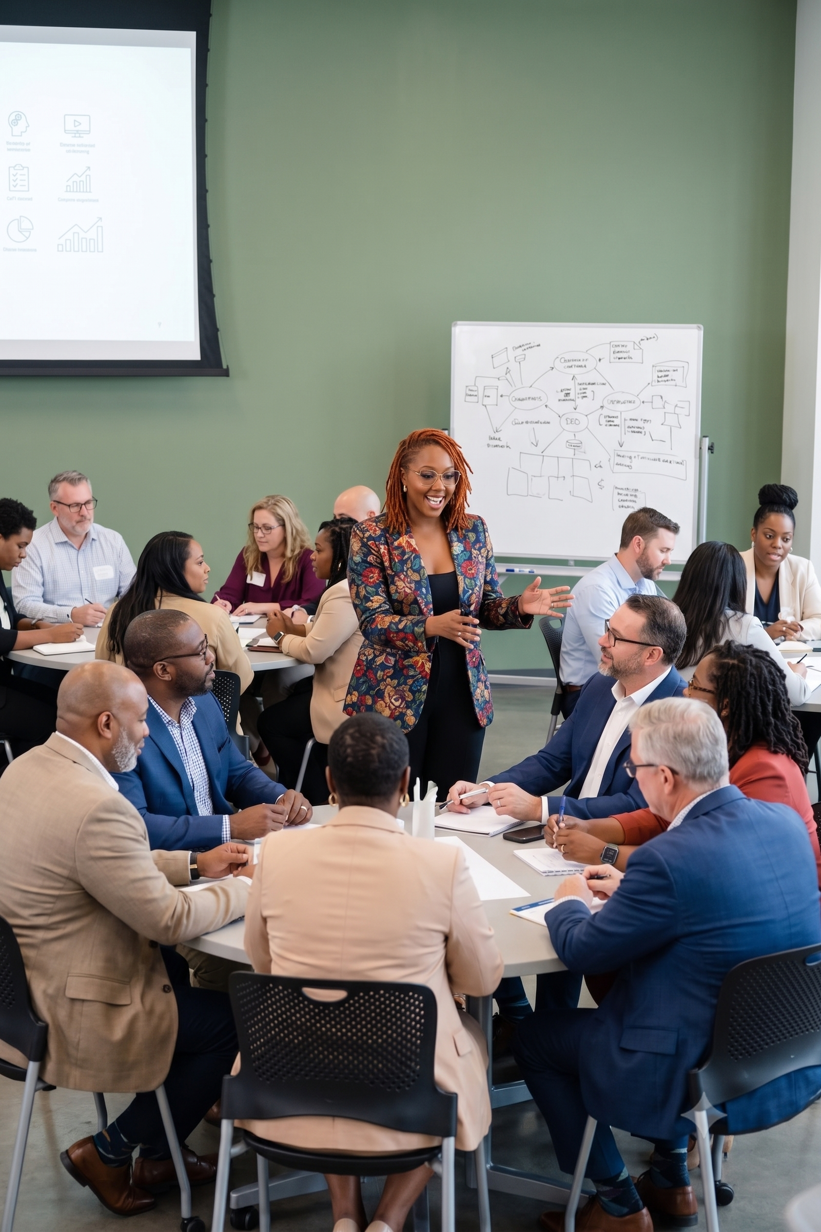 A diverse group of professionals is seated around a large conference table in a modern conference room. A woman with red hair and glasses, wearing a floral blazer, stands and speaks to the group. In the background, there is a whiteboard with diagrams and notes, and a digital presentation screen displaying various charts and icons.