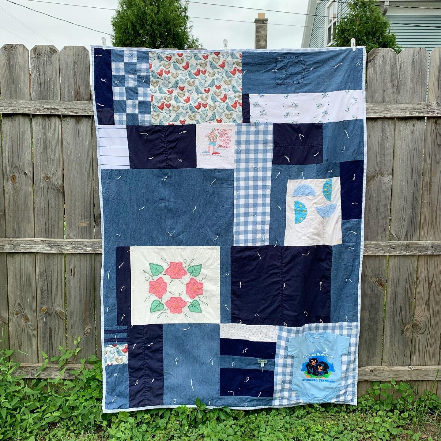 I have started a series of generation quilts for the four Staehlin&rsquo;s in my life. First up is Grandpa Jim! This quilt is made from his work shirt, Brian&rsquo;s baby clothes, Brian&rsquo;s adult dress shirt, receiving blanket from Kelan, burp cl