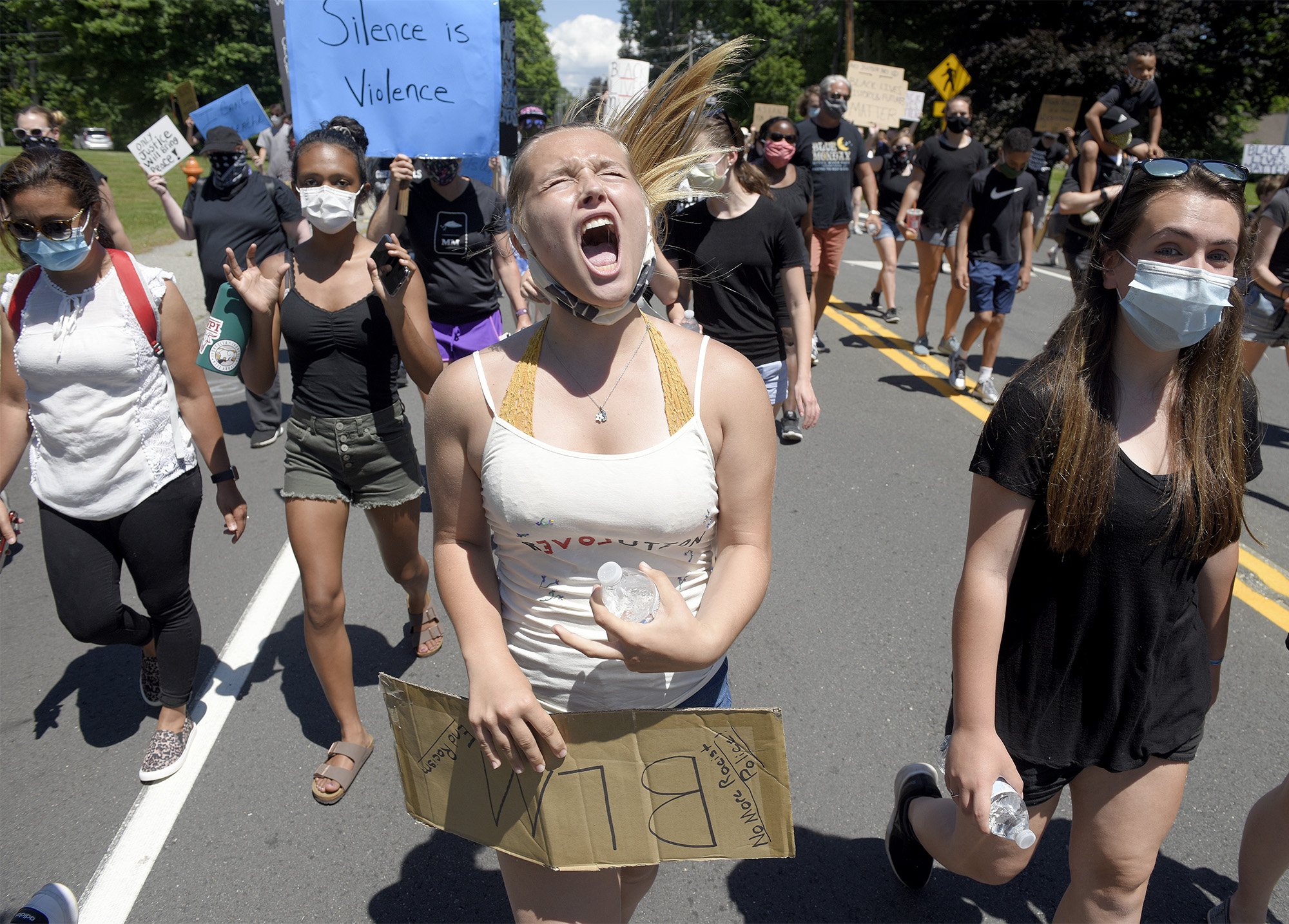  Taylor Wininger-Sieve, of Waterford, screams “I can’t breath” during a Walk for Justice in Waterford on Sunday, June 14, 2020. Several hundred participated in the march and rally that went from Clark Lane Middle School to the Town Hall and Police St