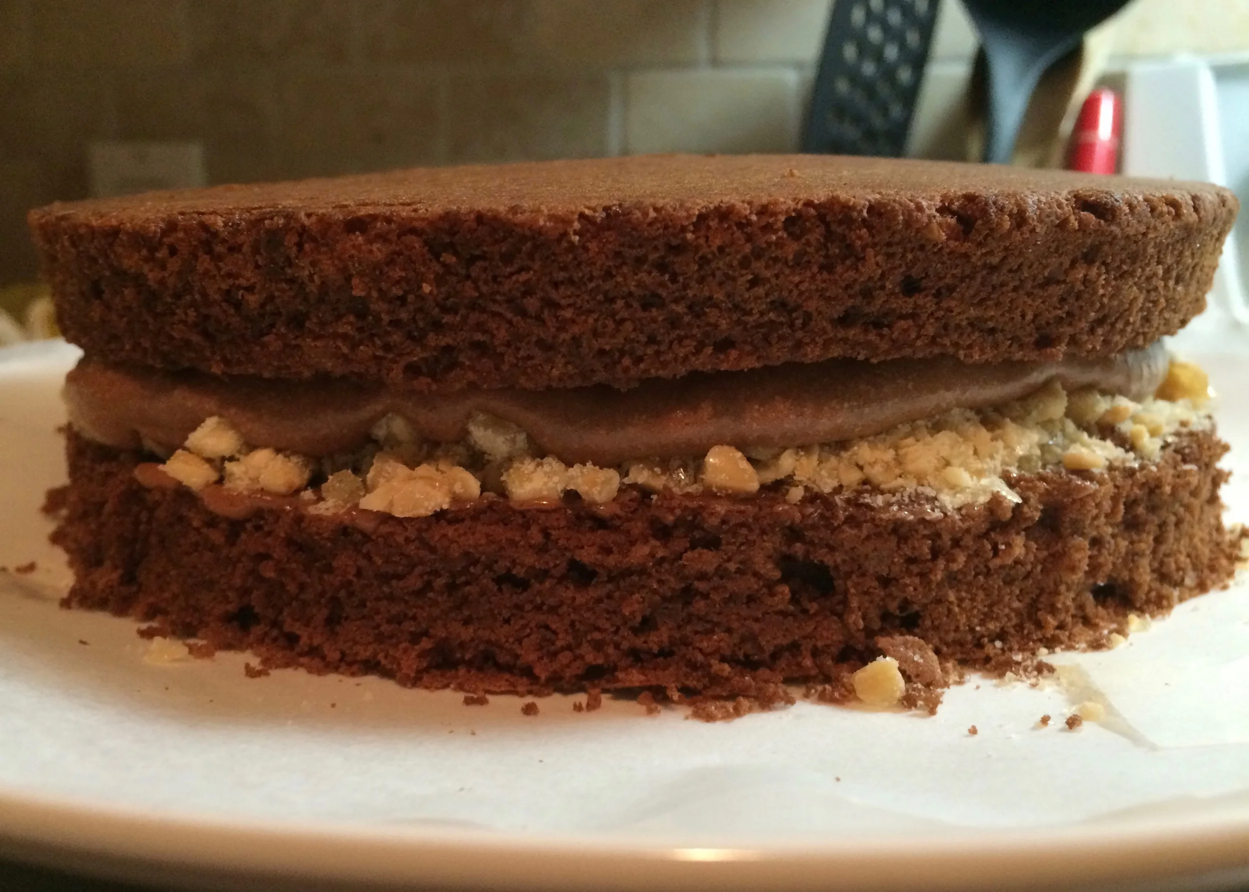 In this case, the layer is made from pralin and chocolate mousse.