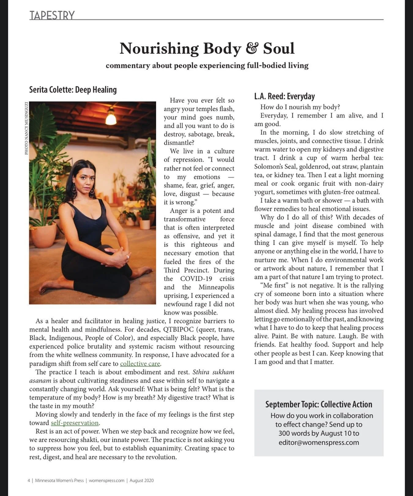 I&rsquo;m in the @mnwomenspress August edition discussing my practice for Rest and Liberation. 
📷: @afrikansniper unedited version below💜
.
Krodha: fury, anger, rage 
Rasa: Emotions, Juice, Essence, Taste.
.
Have you ever felt so angry your temples