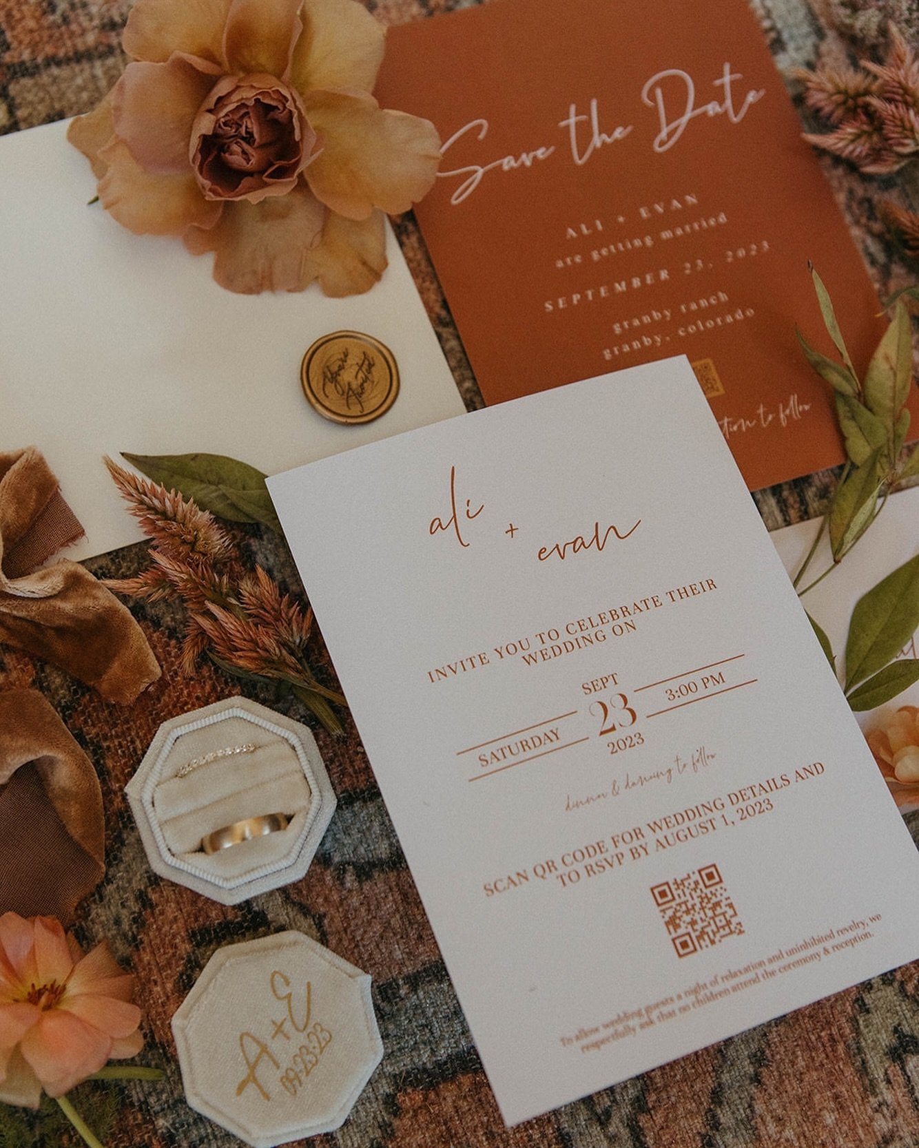 Paper goods customized by our bride! QR codes have become super popular on invites and save the dates giving guests the easiest ways possible to access the wedding website and RSVP.