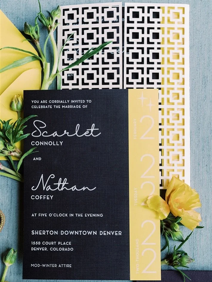 Imagine laying by the pool in a yellow bikini in your Palm Springs back yard surrounded by concrete breeze blocks. 😎 well that&rsquo;s what we were going for here! Custom laser cut invitations by @knappdesignco inspired by vintage 60s Palm Springs v