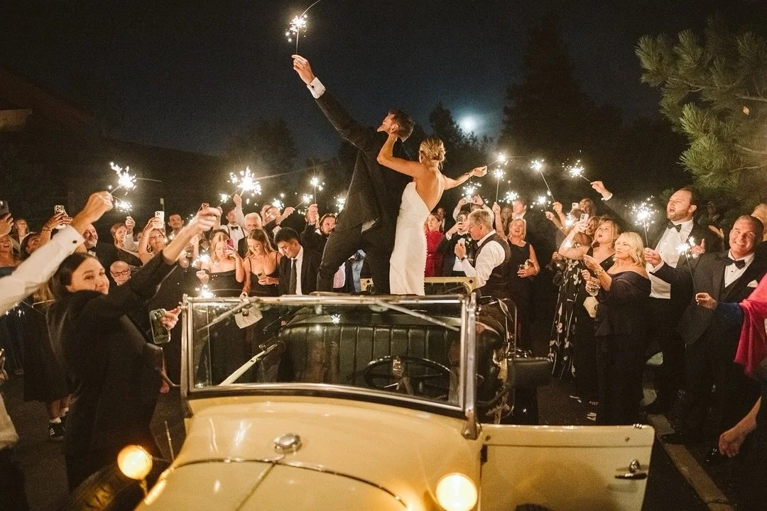 The send off of a lifetime 🎇 sparklers, the brides dad&rsquo;s vintage whip and the cutest couple ever.
