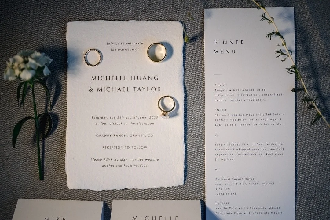 The perfect invitation suite for an anti serif font couple. These invites almost didn&rsquo;t make it into the country from Canada, but were so happy they did!