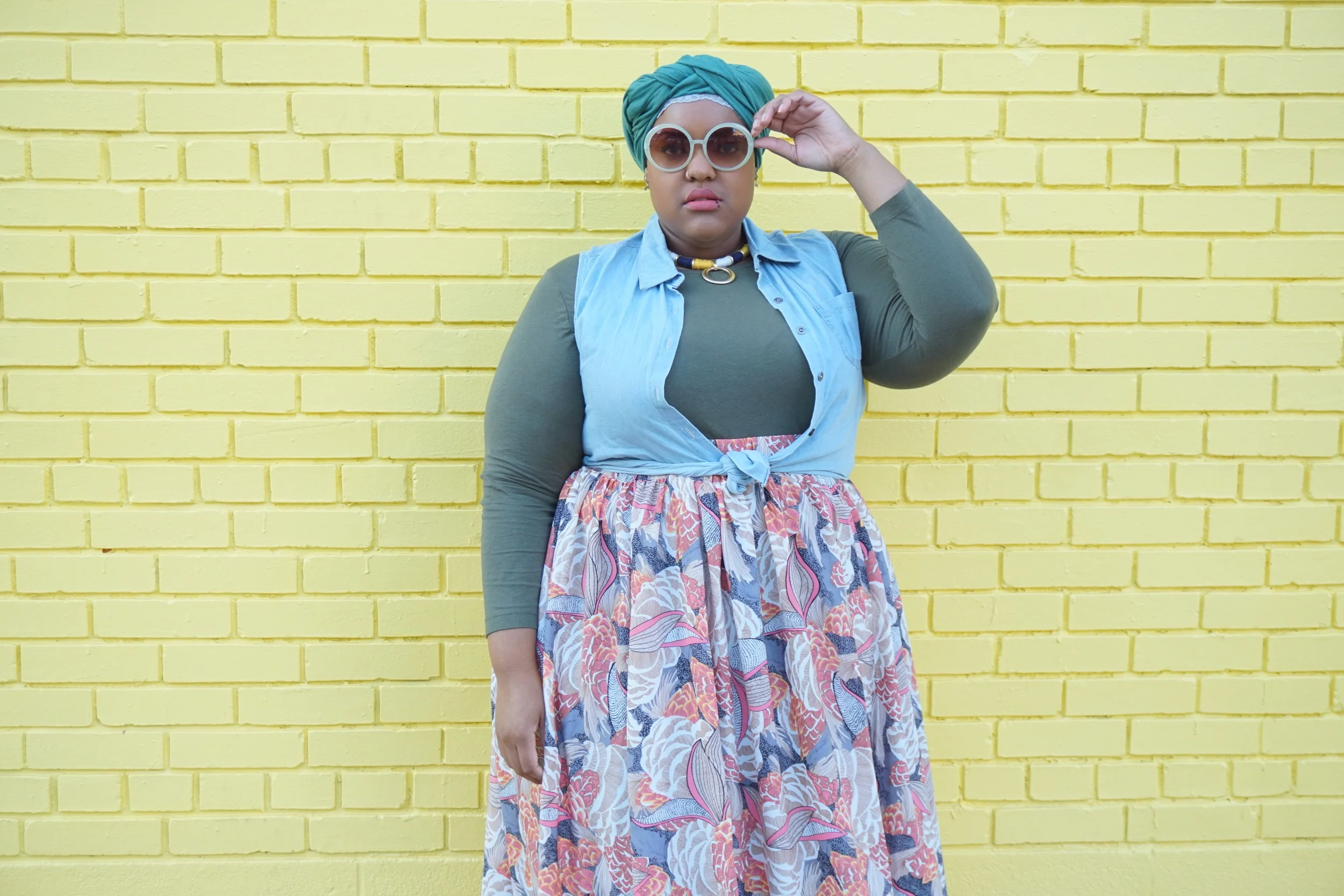 Shades: Forever21 + Necklace: Charming Charlies + Shirt: Avenue + Denim Vest: Burlington + Skirt: Society +