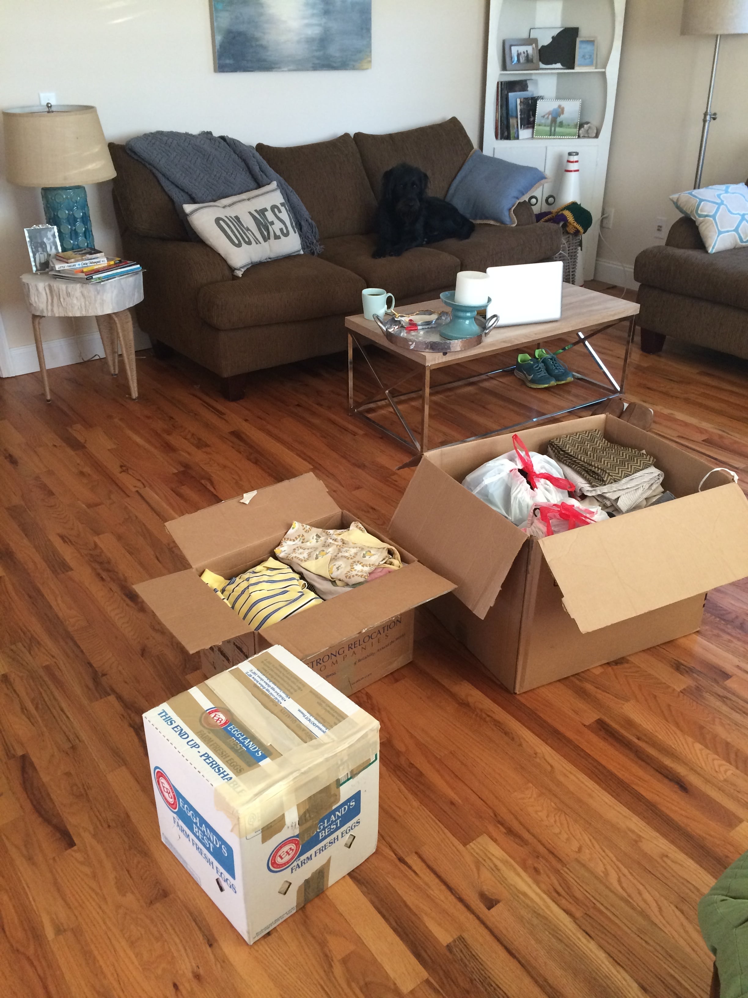 White box is of stuff we're sending to my friends and relatives who wanted it, center box is the "nostalgia pile," and right-hand box is full of things we're donating. 