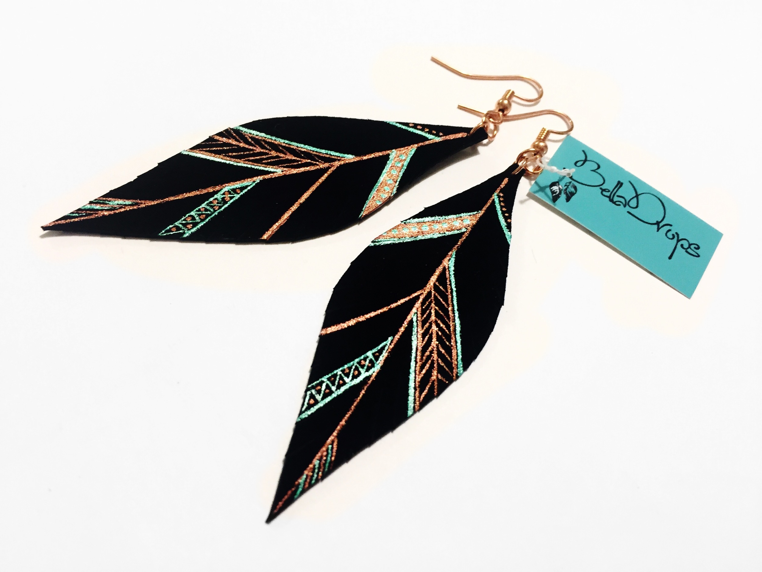 "MAYA" Copper Small Aztec Leather Feather Earrings