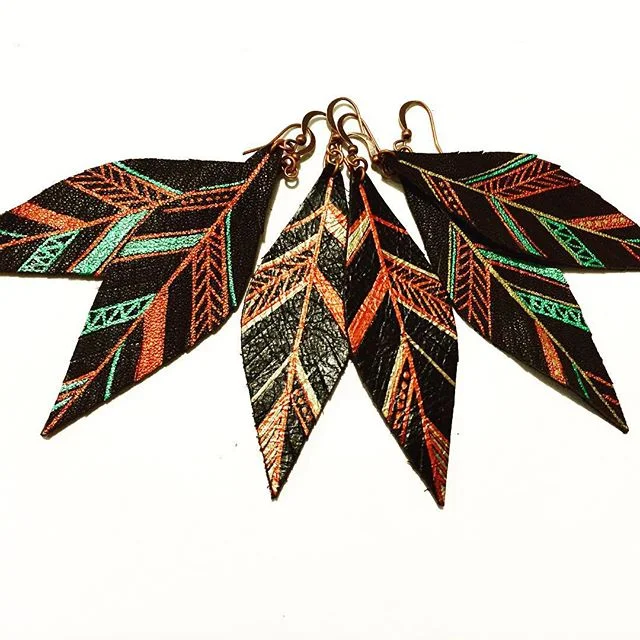 "MAYA" Aztec Leather Feather Earrings