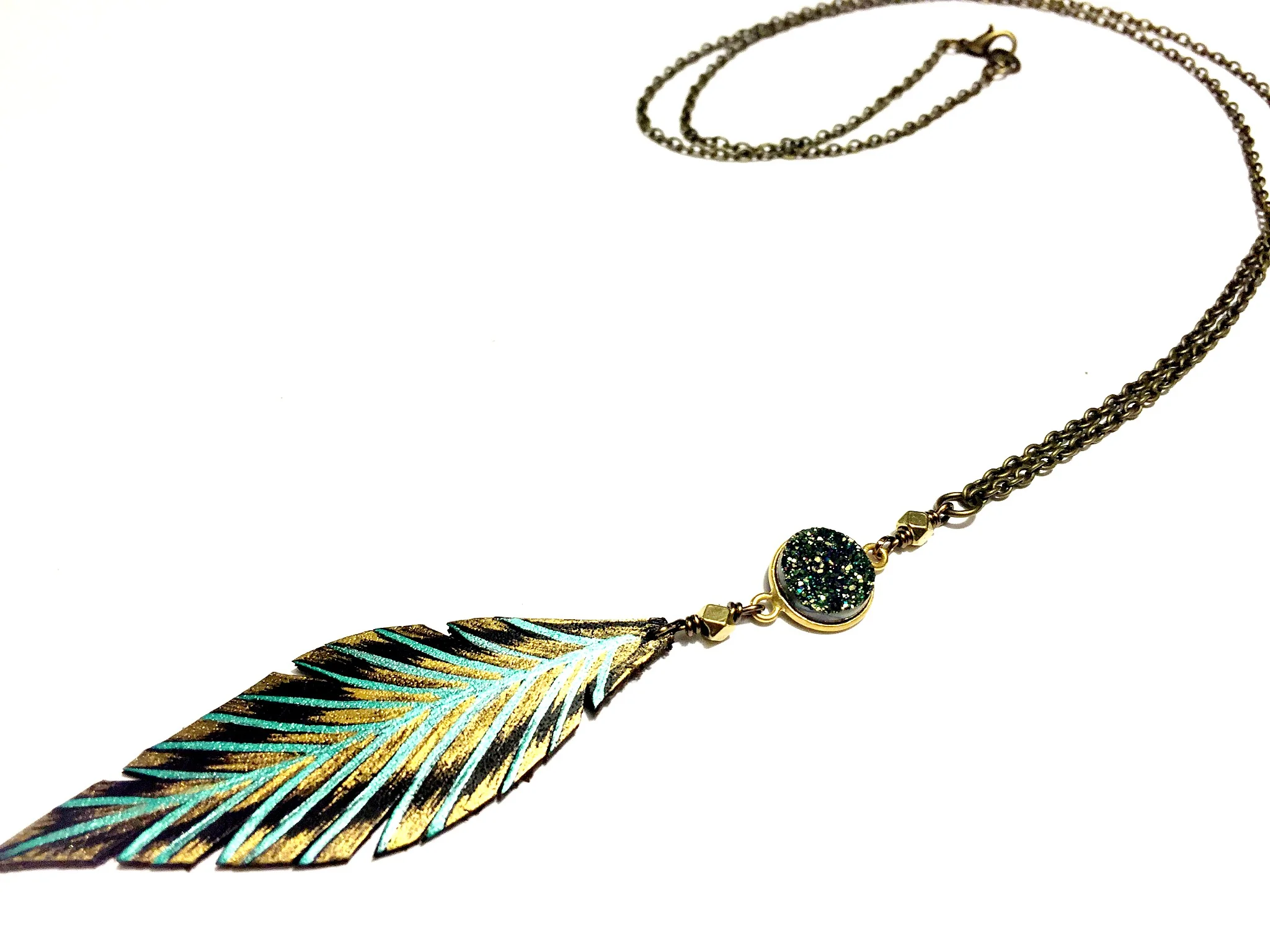 Brass Green Druzy Leather Feather Necklace