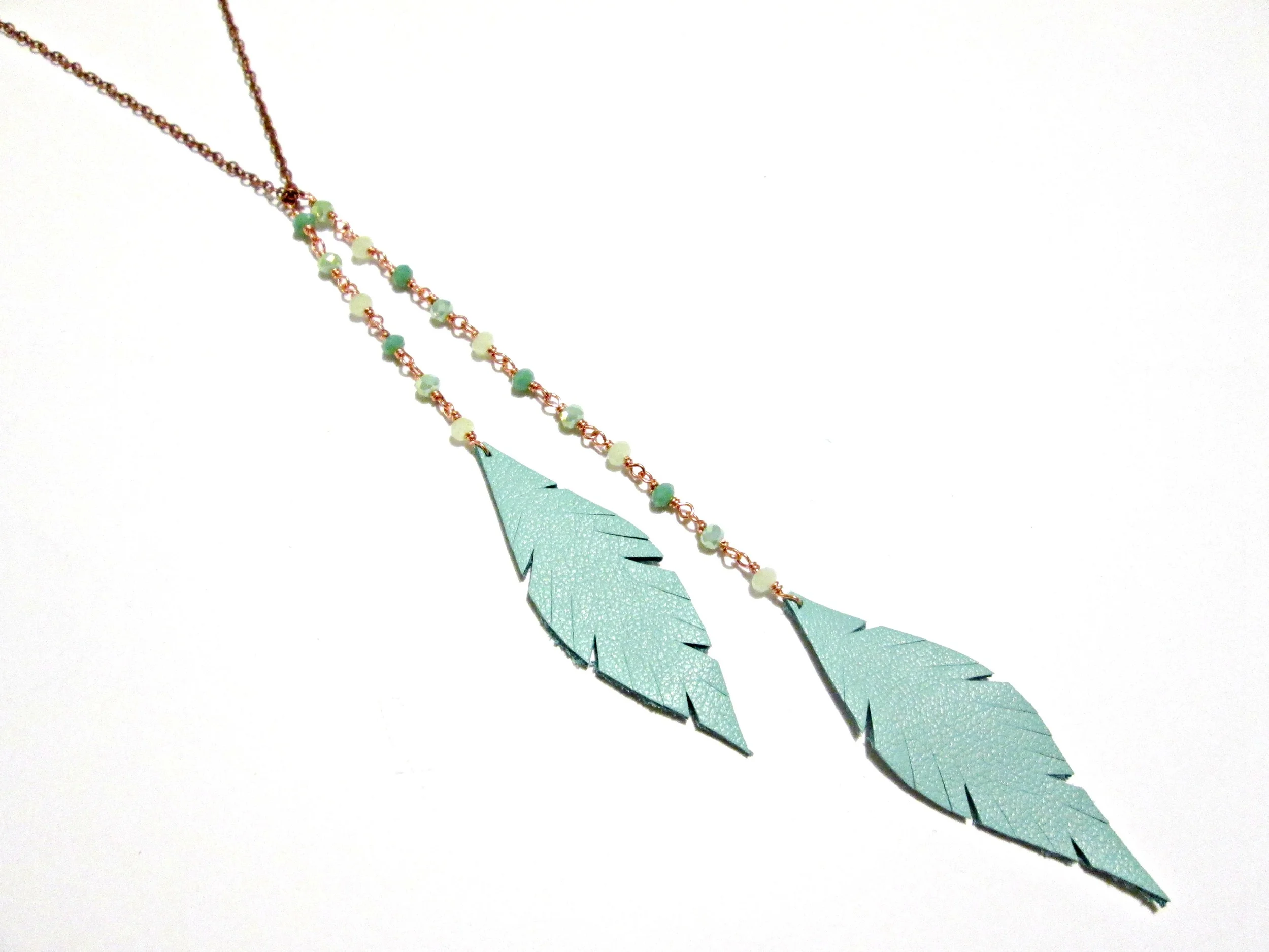 "Isla" Teal DOuble Feather Beaded Lariat