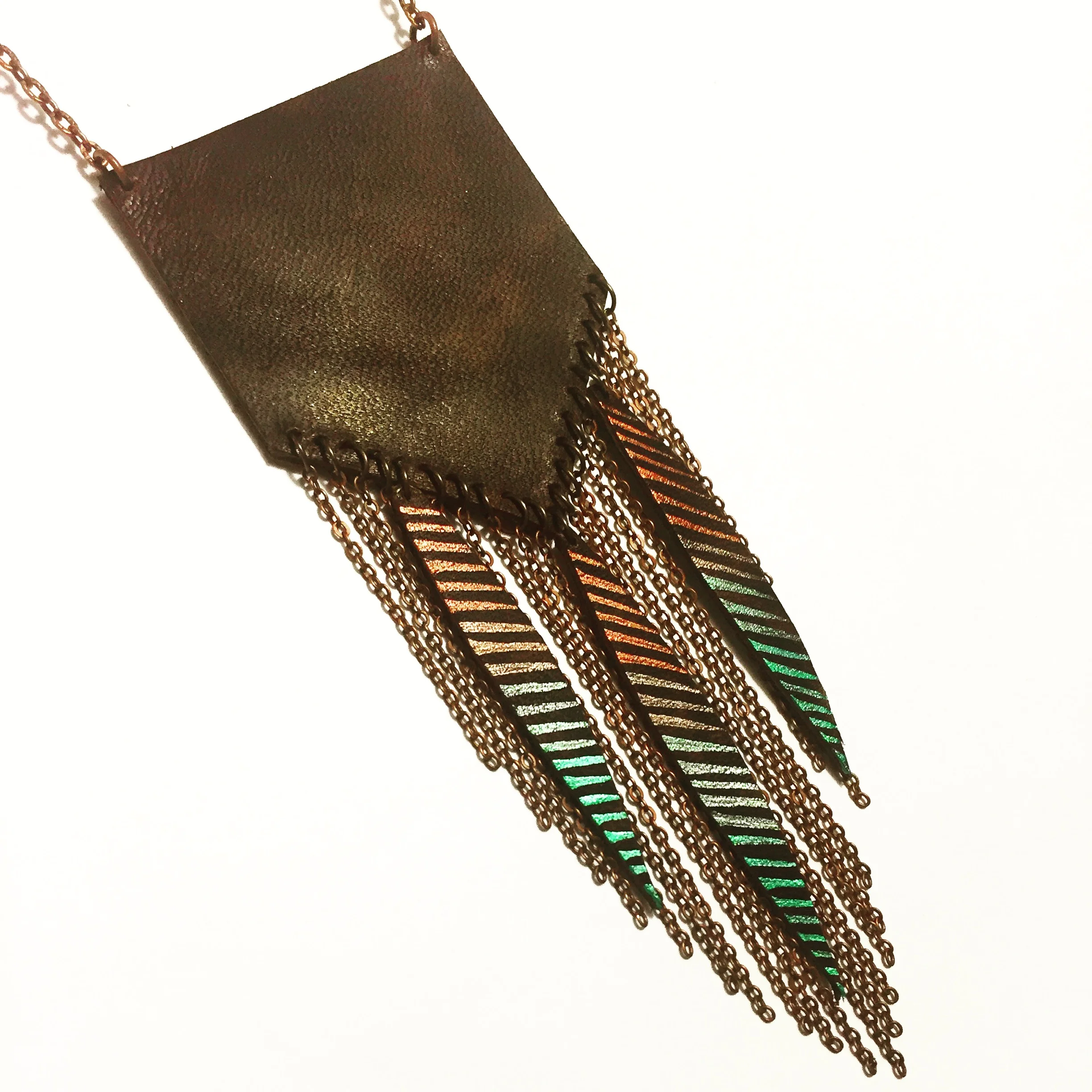 Painted Leather Strip Chevron Fringe Necklace