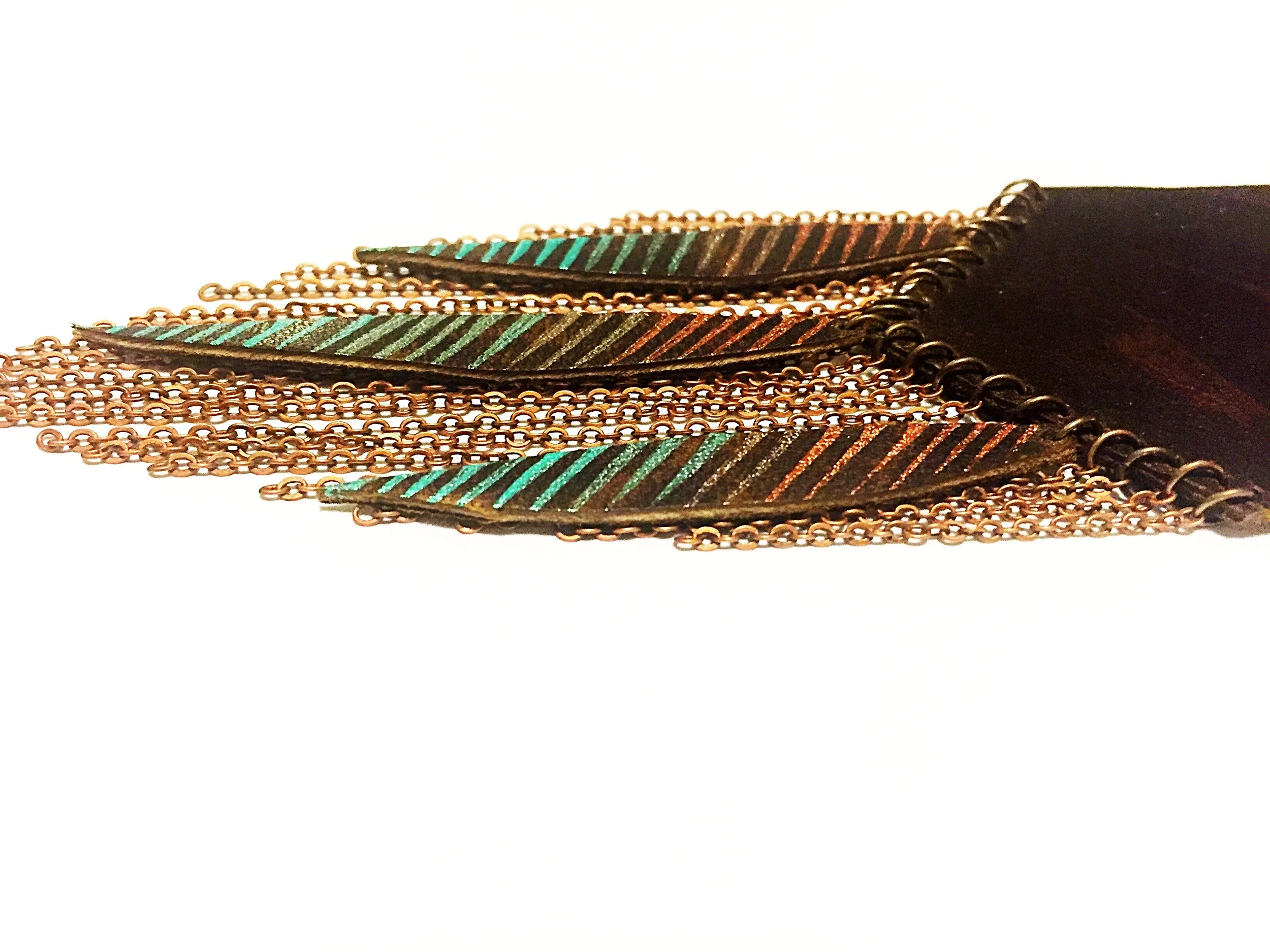 Painted Leather Strip Chevron Chain Fringe Necklace