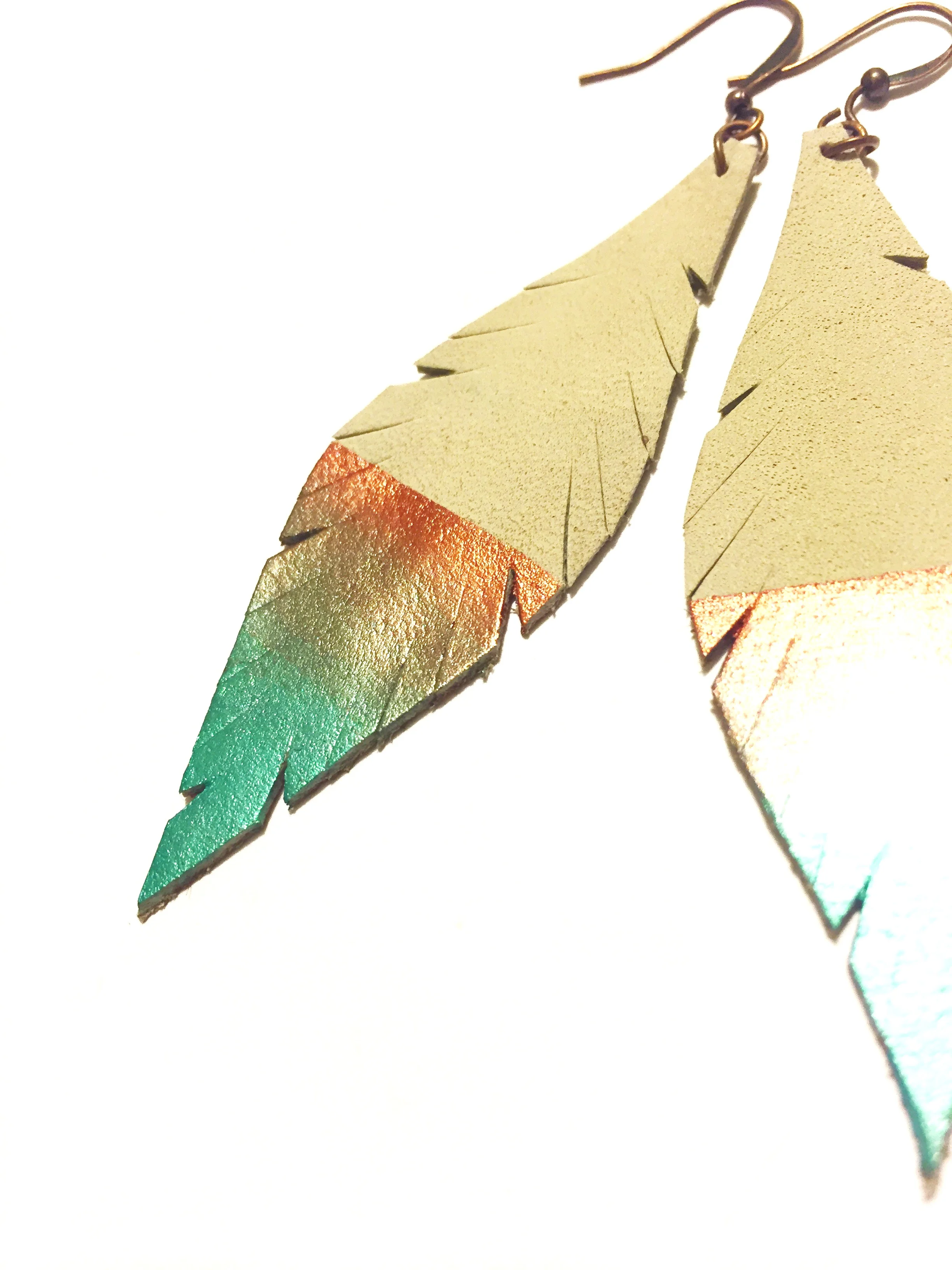 "DEMI" Copper/Teal Ombre Dipped Leather Feather Earrings