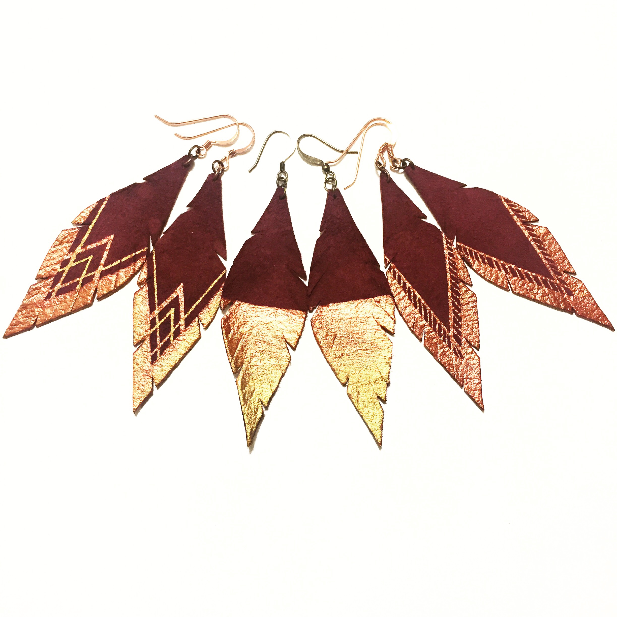 "DEMI" Copper Gold Ombre on Burgundy Leather Feather Earrings